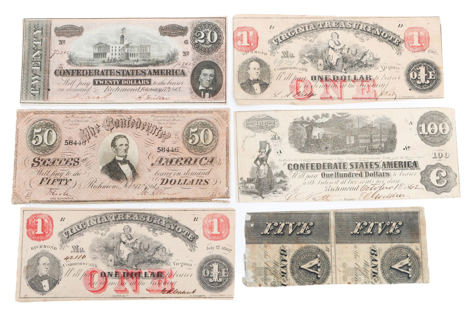 CIVIL WAR CONFEDERATE CURRENCY NOTES: CIVIL WAR CONFEDERATE CURRENCY NOTES Civil War Confederate Currency. (2) 1862 Virginia Treasury 1 Dollar Notes. (1) 1862 Bank of Chattanooga 1 Dollar Note. (1) 1862 CSA 100 Dollar Note. (1) 1864 CSA 2