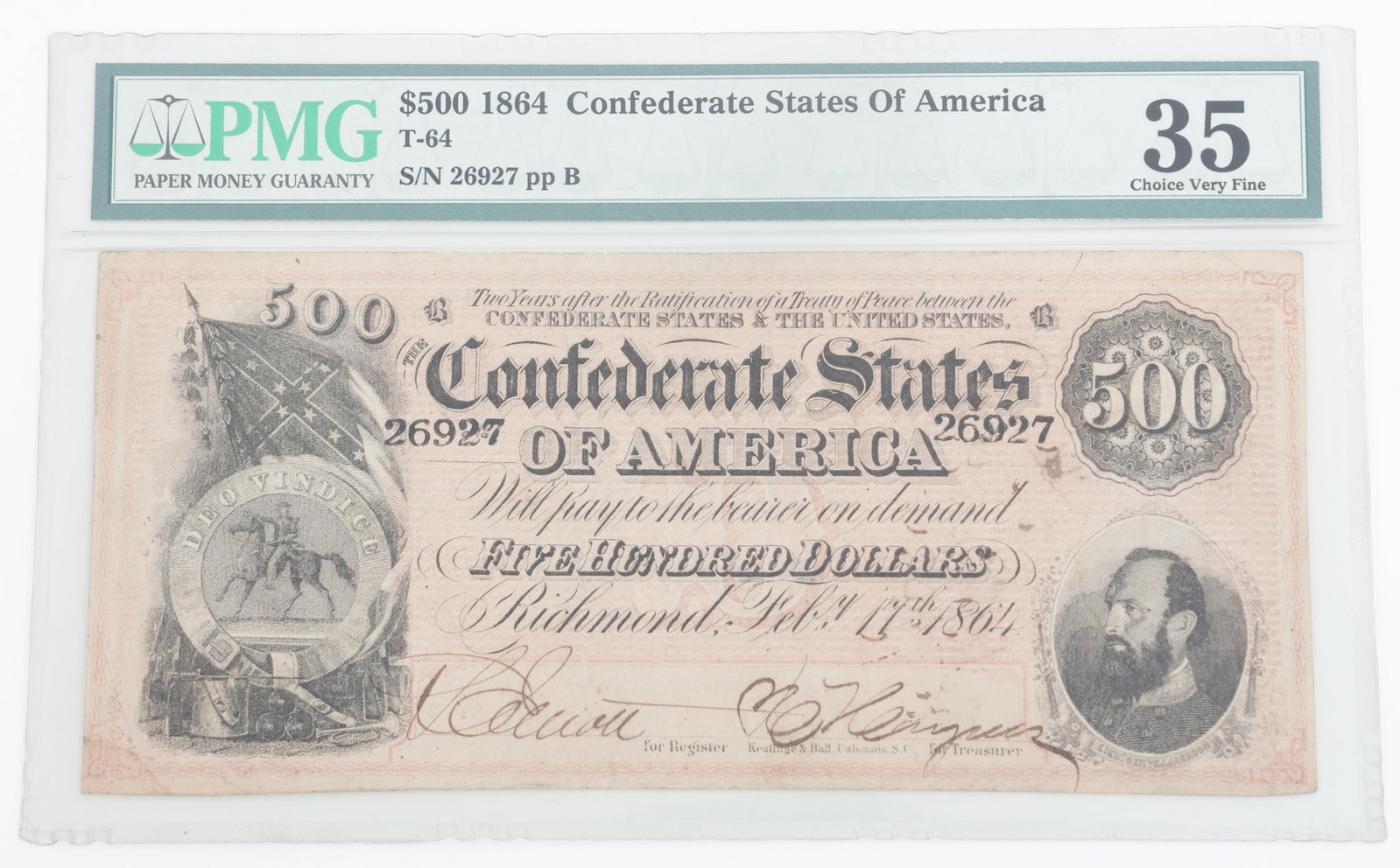 CIVIL WAR CONFEDERATE $500 PMG GRADED BANKNOTE: CIVIL WAR CONFEDERATE $500 PMG GRADED BANKNOTE $500 1864 Confederate States of America T-64 Banknote. PMG graded 35 Choice Very Fine.