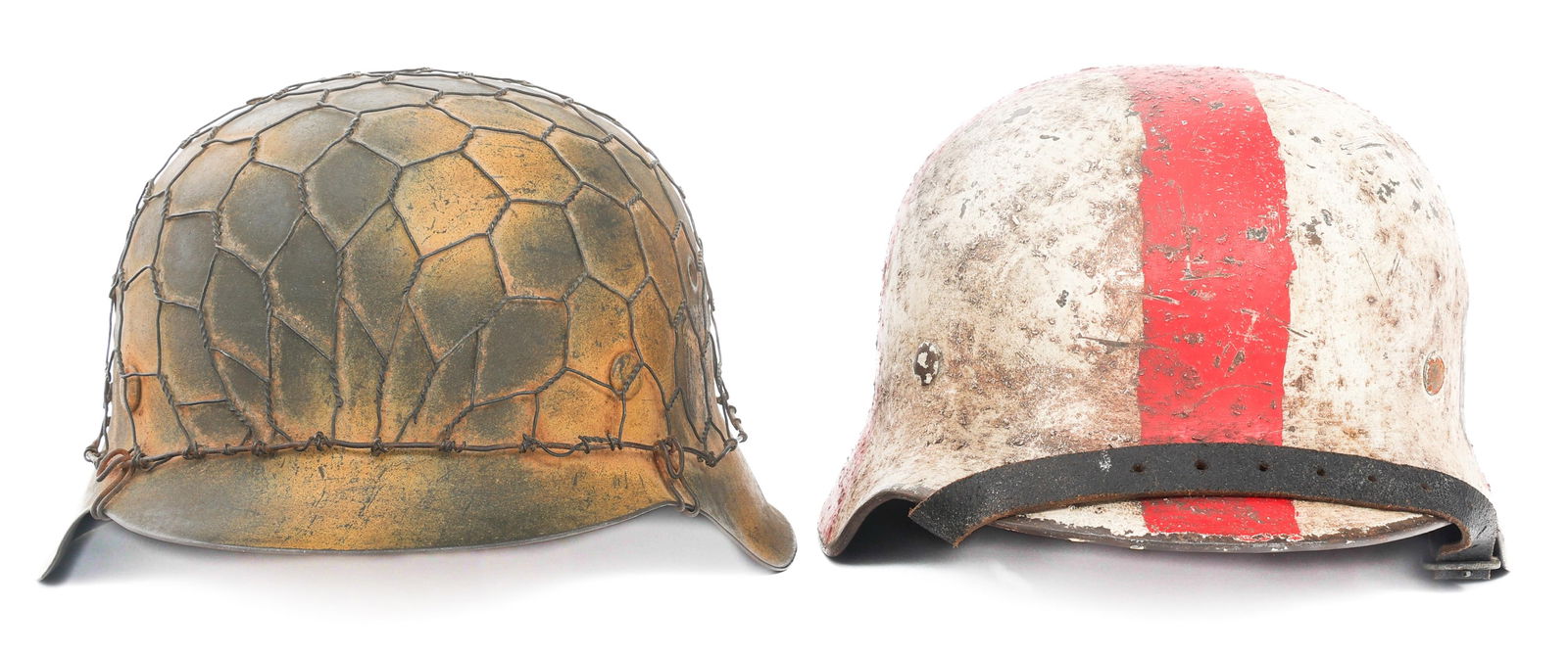 REFURBISHED WWII GERMAN ARMY MEDIC & COMBAT HELMET: REFURBISHED WWII GERMAN ARMY MEDIC & COMBAT HELMET Refurbished WWII German Army Medic and Combat Helmets. (1) Army Medic M40 Helmet. Post war painted shell with single Heer decal. Leather liner and ch