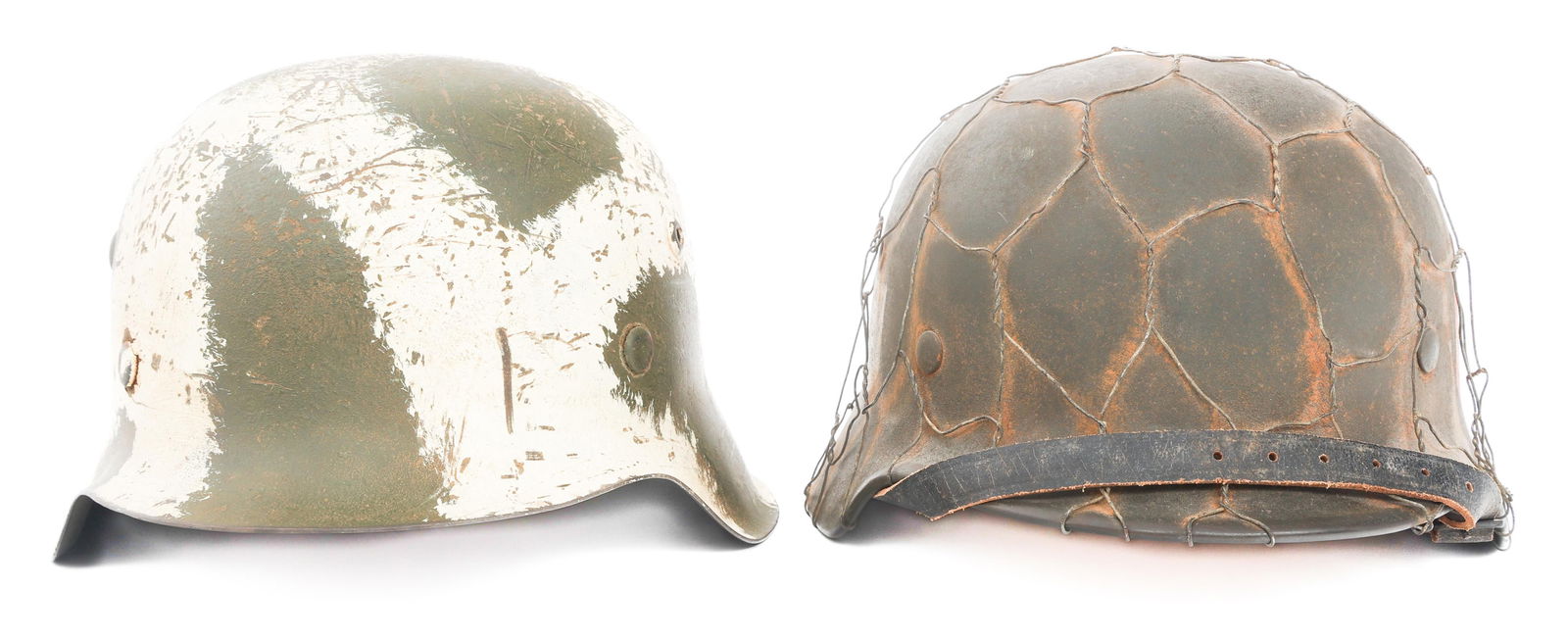 REFURBISHED WWII GERMAN SS COMBAT HELMETS: REFURBISHED WWII GERMAN SS COMBAT HELMETS Reenactor WWII German SS Combat Helmets. (1) SS M40 DD Combat Helmet. EF64 stamped on the inside. Wire cover. SS and NSDAP side decals. Leather liner and chin