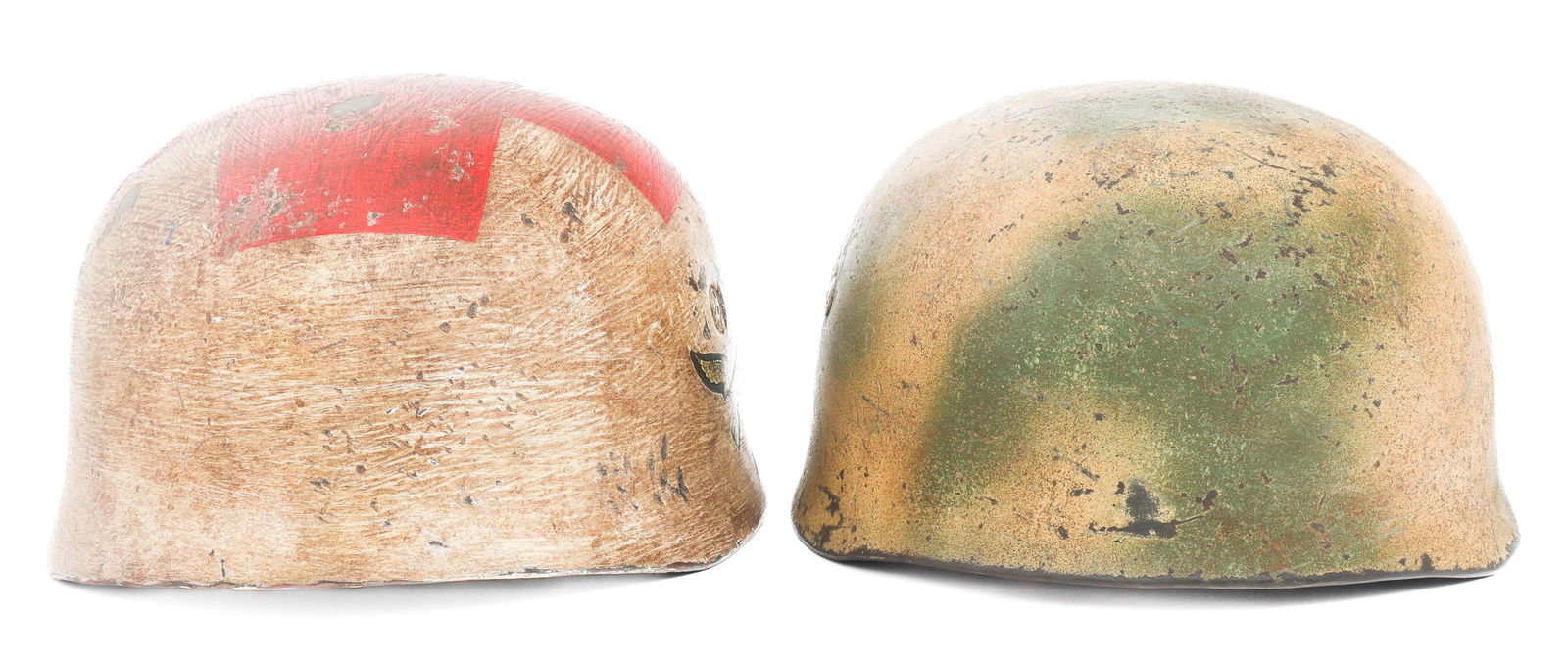 REENACTOR WWII GERMAN MEDIC & COMBAT HELMETS: REENACTOR WWII GERMAN MEDIC & COMBAT HELMETS Reenactor WWII German Fallschirmjager Medic and Combat Helmets. (1) Medic Helmet. Painted shell. Luftwaffe decal. Leather liner and chinstrap. Stamps prese