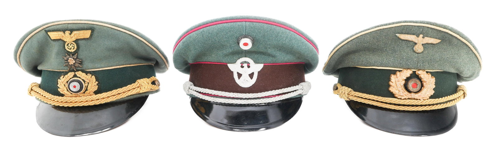 REENACTOR WWII GERMAN ARMY GENERAL & POLICE VISORS: REENACTOR WWII GERMAN ARMY GENERAL & POLICE VISORS Reenactor WWII German Army General and Police Officer Visor Caps. (1) Edelweiss General Visor Cap. Gold bullion piping, chin cord and insignia. Dark 