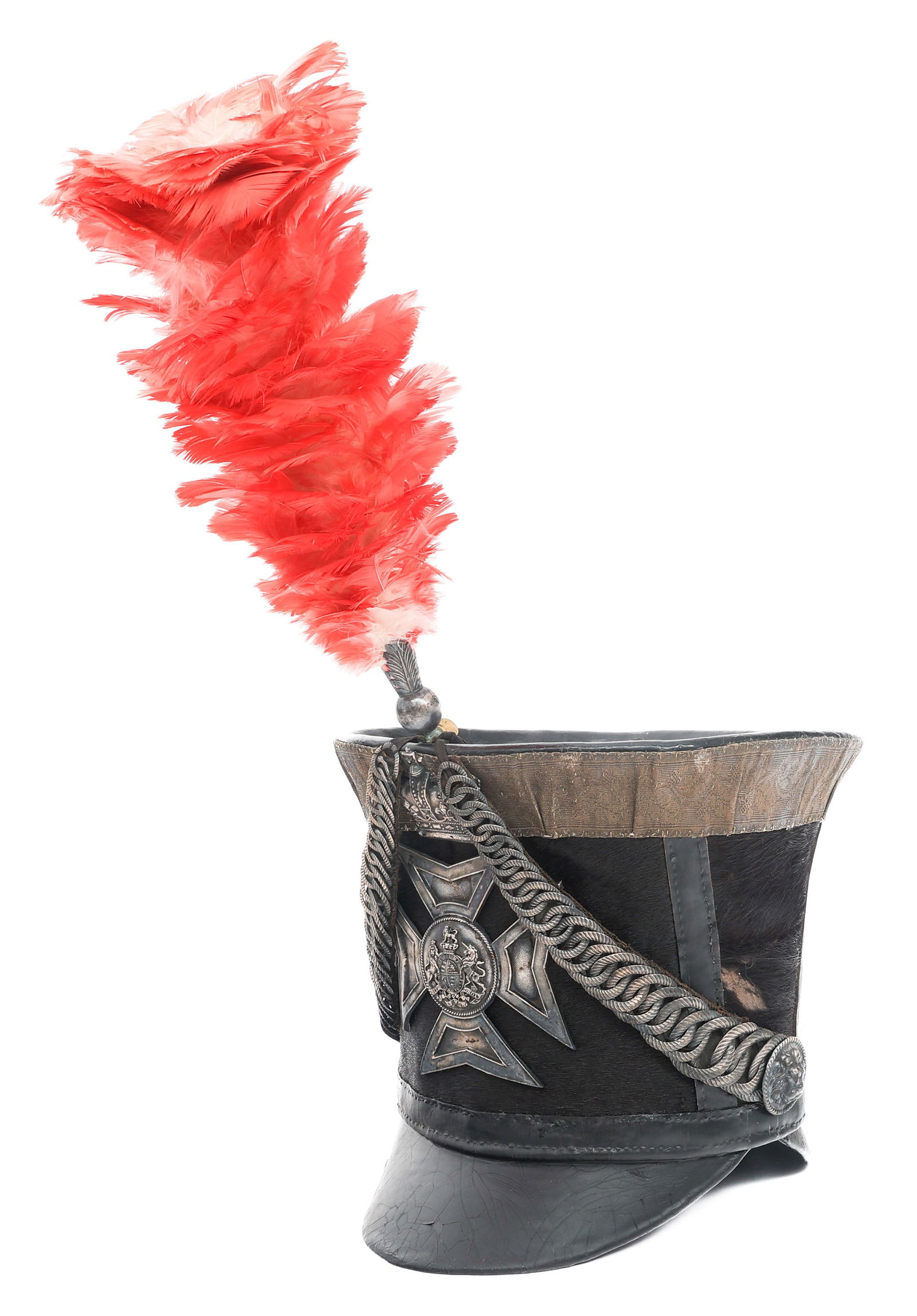 BRITISH 1828 PATTERN OFFICER "BELL TOP" SHAKO: BRITISH 1828 PATTERN OFFICER "BELL TOP" SHAKO 19th C. British 1828 Pattern Officer Shako. "Bell Top" style. Pressed felt sides, leather accents, and leather crown, peak, and chin strap. Metal scales.