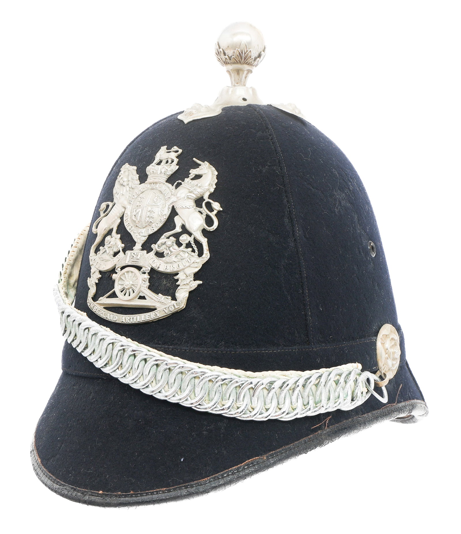19TH C. BRITISH 1st CUMBERLAND ARTILLERY HELMET: 19TH C. BRITISH 1st CUMBERLAND ARTILLERY HELMET 19th C. British Home Service 1st Cumberland Artillery Volunteers helmet. Felt construction with unit crest, cruciform base and fluted artillery topper,