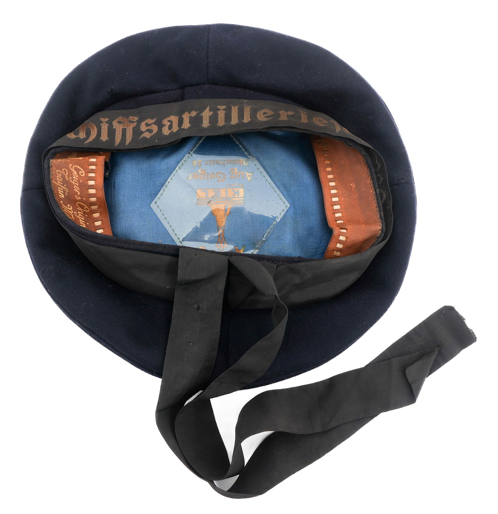 WWII GERMAN KRIEGSMARINE "DONALD DUCK" CAP: WWII GERMAN KRIEGSMARINE "DONALD DUCK" CAP WWII Naval HJ Marine Tellerm?tze "Donald Duck" Cap. Maker mark of Aug. Geiger on the liner and sweatband.