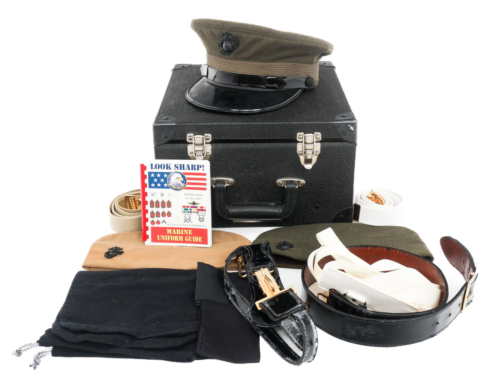 COLD WAR USMC OFFICER NAMED SERVICE & GARRISON CAP: COLD WAR USMC OFFICER NAMED SERVICE & GARRISON CAP Cold War USMC Officer Named Service & Garrison Caps. Named to David Blythe. Includes (1) Officers service hat. Sweatband, liner & maker mark. (1) Kha