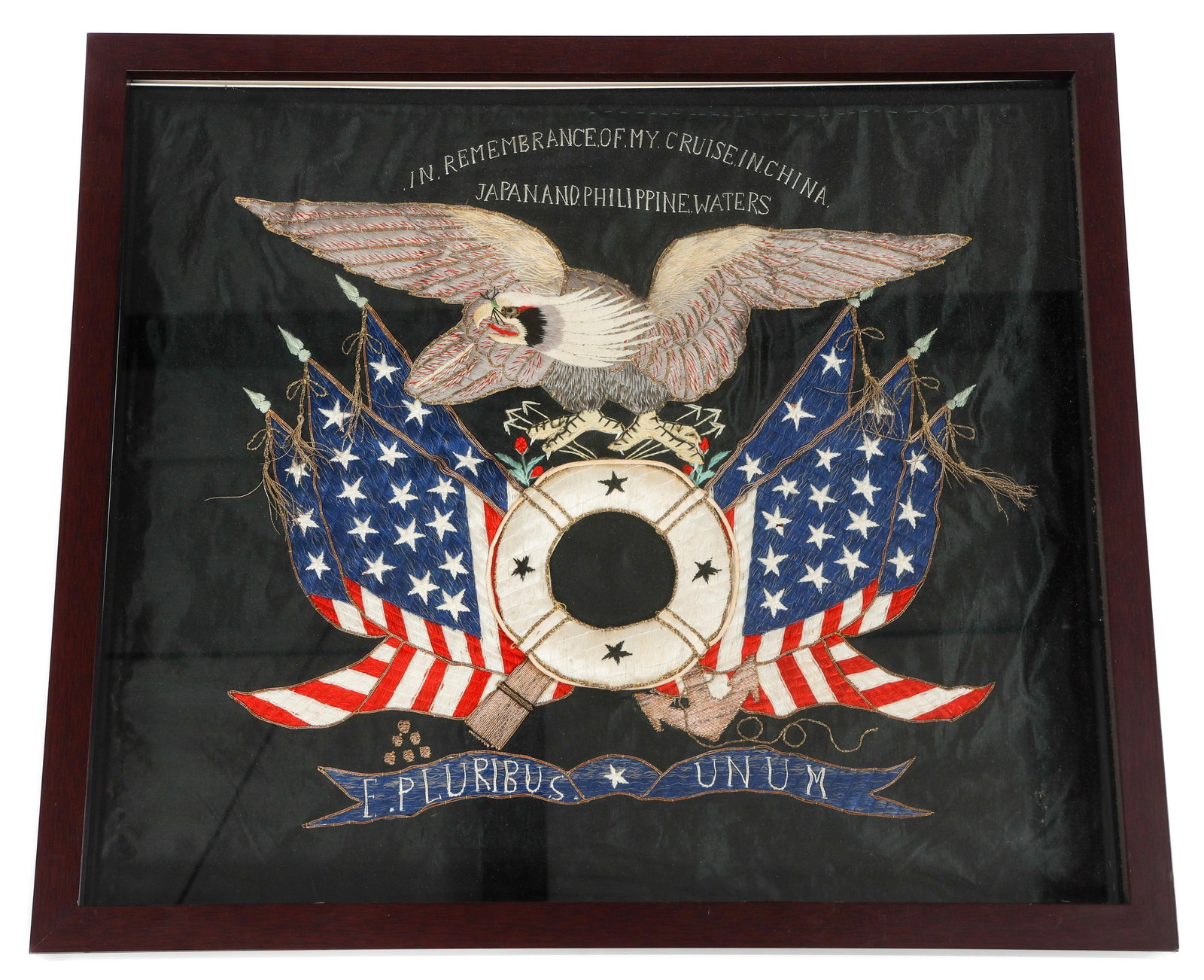 PRE-WWI US NAVY SOUVENIR TOUR TAPESTRY: PRE-WWI US NAVY SOUVENIR TOUR TAPESTRY Pre-WWI US Navy Framed Souvenir Tour Tapestry. Silk Construction. Stitched inscription "In Remembrance of my Cruise in China, Japan and Philippine Waters." Woode