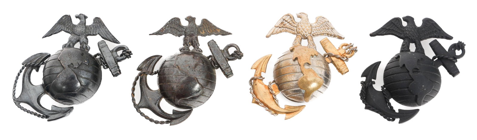 WWII USMC OFFICER SERVICE & DRESS CAP EGAS: WWII USMC OFFICER SERVICE & DRESS CAP EGAS WWII USMC Officer Cap EGAs. Includes (1) P1937 Officer Service cap EGA. Screw back. No visible maker mark. Marked Sterling. (1) Officer Dress cap EGA. Screw 