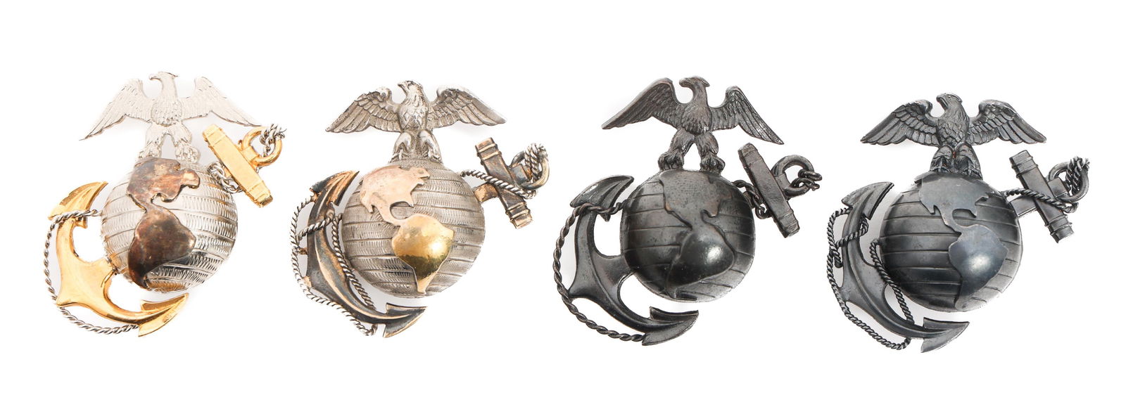 WWII USMC OFFICER SERVICE AND DRESS CAP EGAs: WWII USMC OFFICER SERVICE AND DRESS CAP EGAs WWII USMC Officer Cap EGAs. Includes (2) P1936 Officer Dress cap EGAs. Screw back, with visible maker marks and Sterling. (1) P1936 Officer Service cap EGA