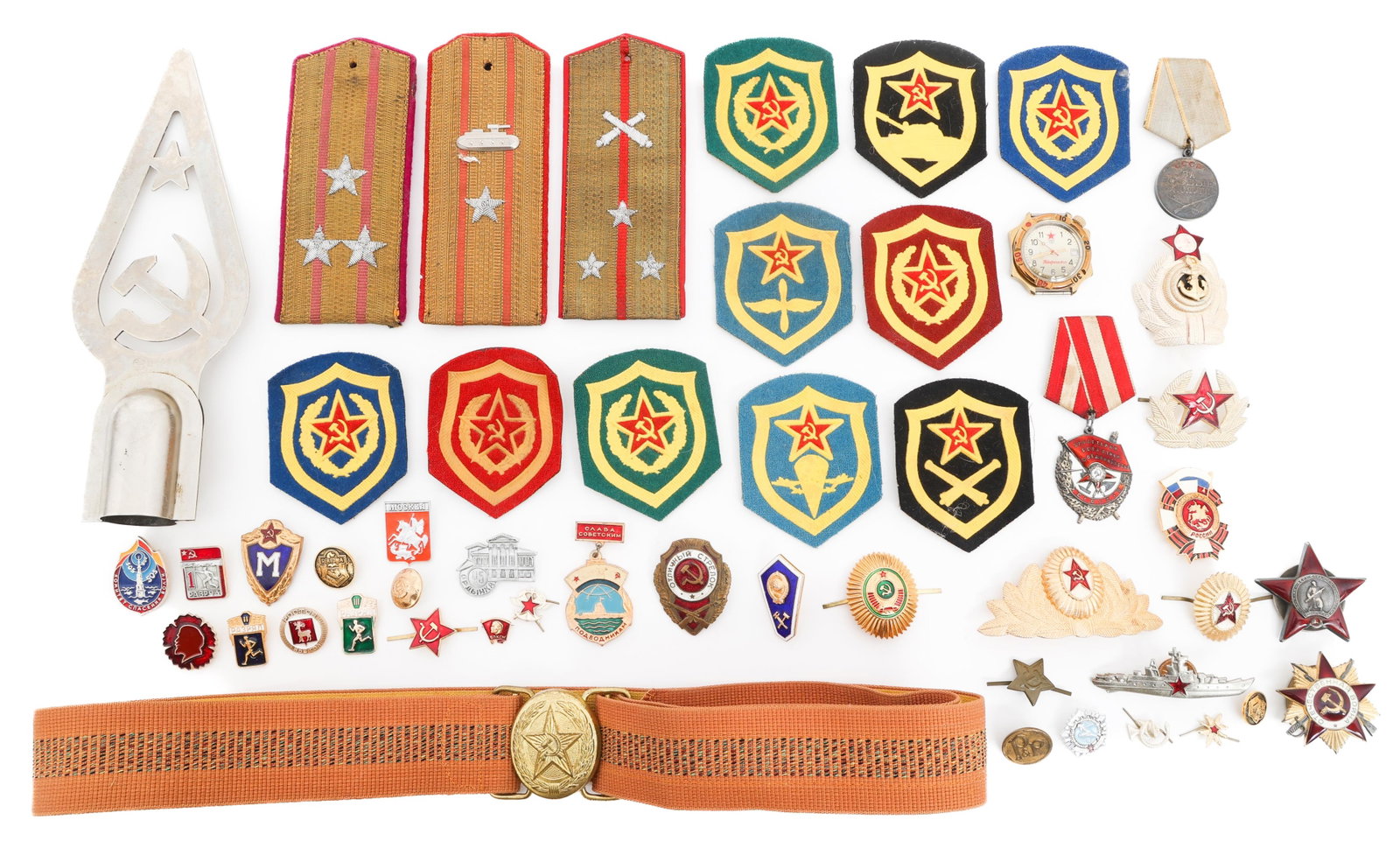 COLD WAR SOVIET UNION FLAG TOPPER & INSIGNIA: COLD WAR SOVIET UNION FLAG TOPPER & INSIGNIA Cold War Soviet Union Flag Topper and Insignia. Includes flag topper, medals, patches, badges, pins, belt, watch face, buttons and more.