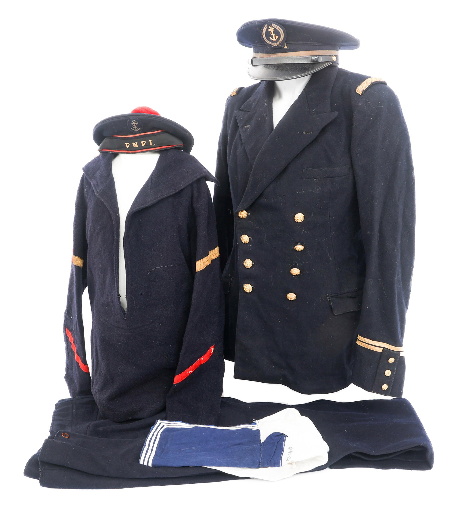 WWII FREE FRENCH NAVAL OFFICER & ENLISTED UNIFORMS: WWII FREE FRENCH NAVAL OFFICER & ENLISTED UNIFORMS WWII Free French Naval Officer and Enlisted Uniforms. (1) FNFL Officer Tunic. Double breasted, dark blue wool tunic with Ensign 1st Class cuff and sh