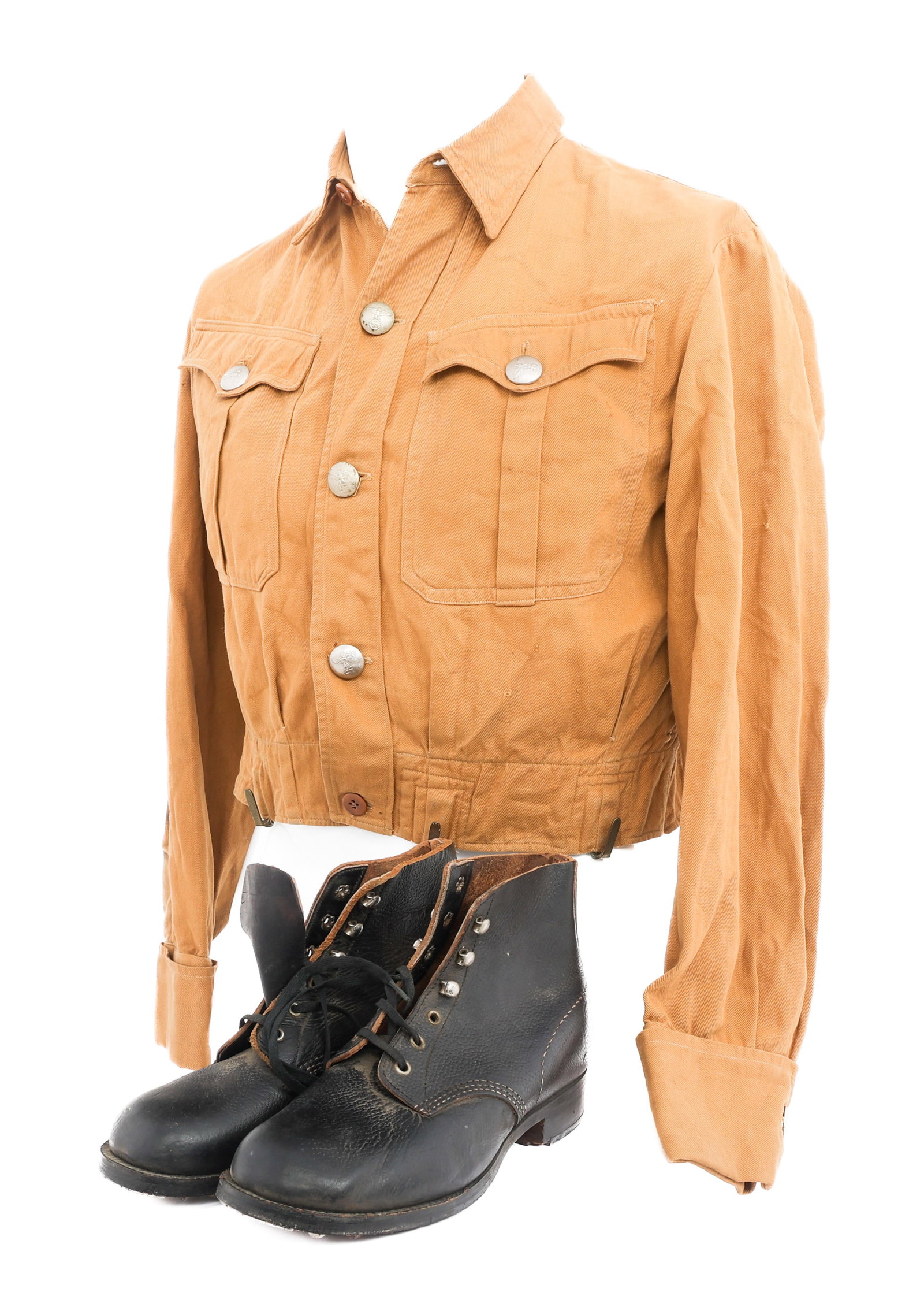 WWII GERMAN HITLER YOUTH SHIRT & BOOTS: WWII GERMAN HITLER YOUTH SHIRT & BOOTS WWII German Hitler Youth Shirt and Boots. (1) HJ Shirt. Cotton construction. Alloy based buttons. Tailor tag. (1) Pair of Hitler Youth Boots. Hobnail Soles. 3062