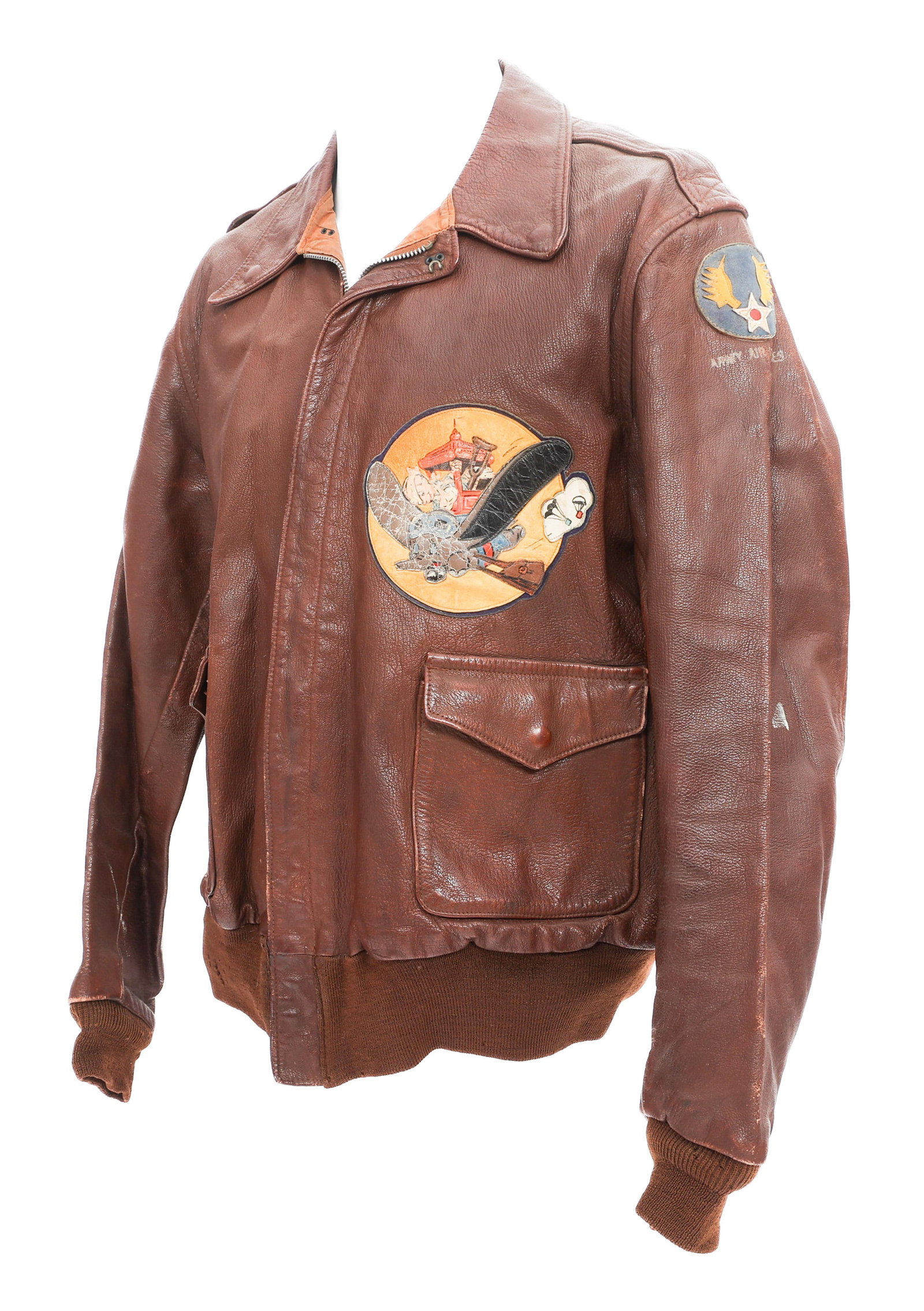 WWII 10th AAF 71st LIAISON SQ A2 FLIGHT JACKET: WWII 10th AAF 71st LIAISON SQ A2 FLIGHT JACKET WWII US Army 10th Air Force, 71st Liaison Squadron, 1st Liaison Group A2 leather flight jacket. Serial number S0953 stenciled on the linen. On the left b