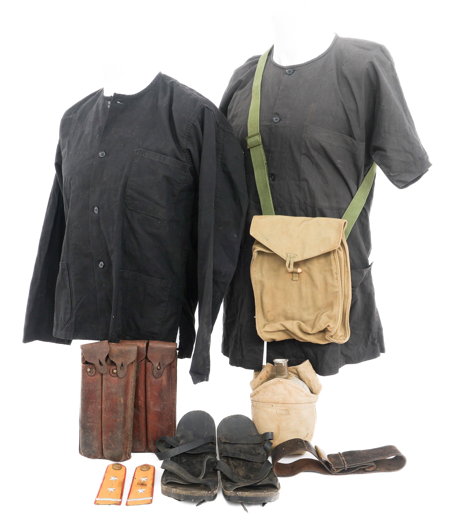 VIETNAM WAR NVA-VC BLACK SHIRTS & FIELD GEAR: VIETNAM WAR NVA-VC BLACK SHIRTS & FIELD GEAR Vietnam War NVA & VietCong Black Shirts and Field Gear. (2) Black Service Shirts. Black linen and cotton construction. (1) Set of Junior Officer Shoulder B