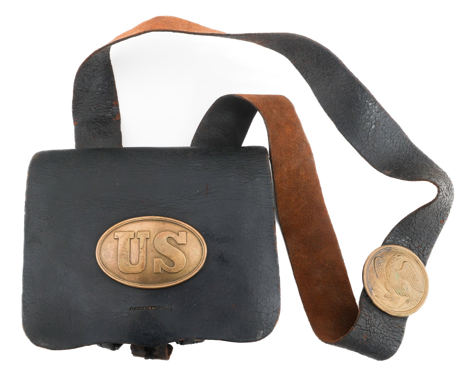 CIVIL WAR UNION ARMY LEATHER CARTRIDGE BOX: CIVIL WAR UNION ARMY LEATHER CARTRIDGE BOX Civil War Union Army Cartridge Box. Leather construction. 4 steel slots. Stamped E Gaylord Chicopee Massachusetts.