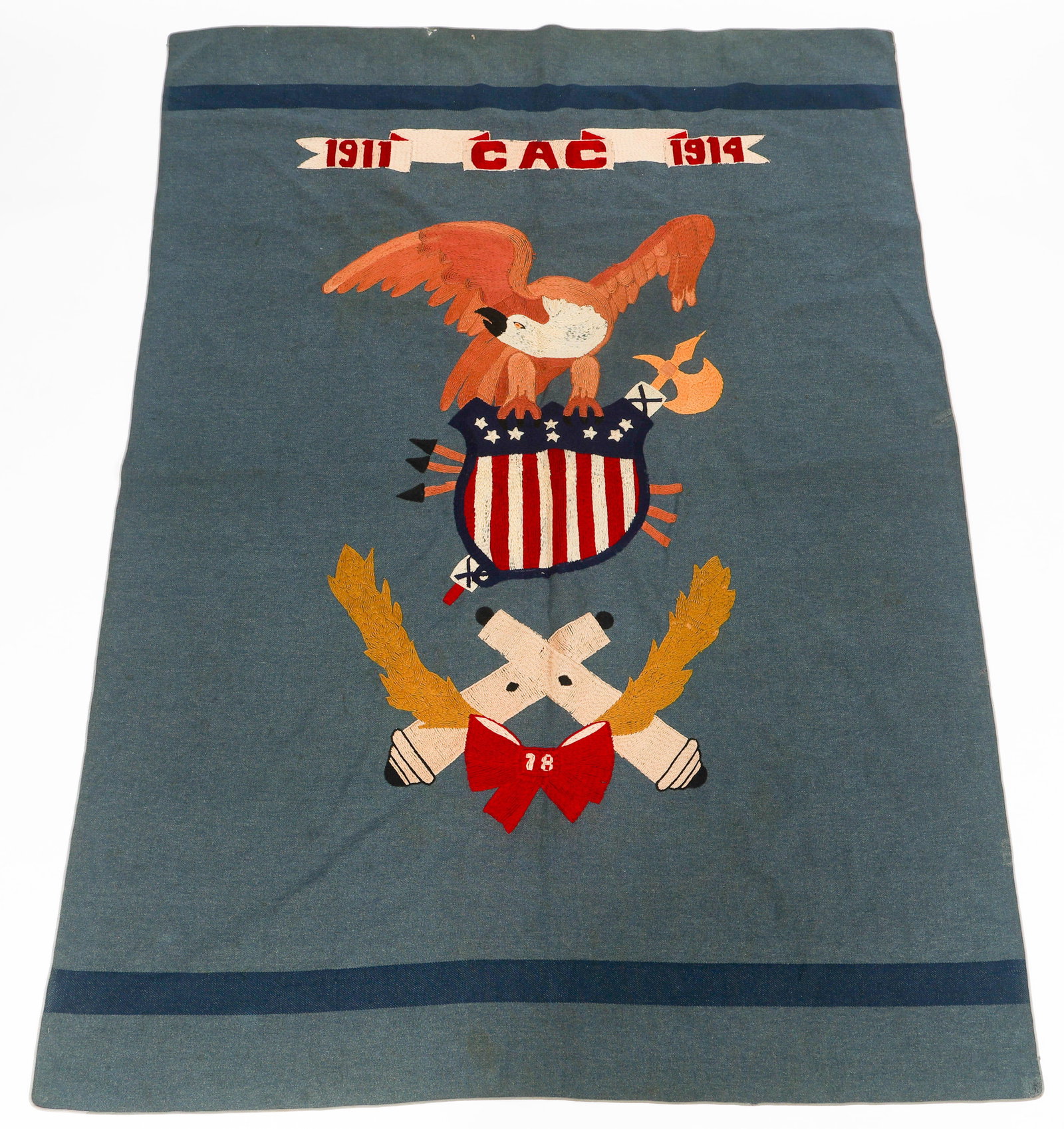 PRE-WWI US COASTAL ARTILLERY CORPS BLANKET: PRE-WWI US COASTAL ARTILLERY CORPS BLANKET Pre-WWI US Costal Artillery Corps Blanket. Double sided multi piece wool construction. Sewn CAC emblem in the middle. Size: 82" x 64"
