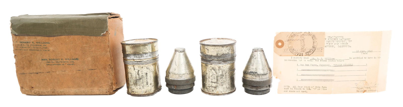 WWII US VET BRING BACK JAPANESE ARTILLERY FUZES: WWII US VET BRING BACK JAPANESE ARTILLERY FUZES WWII US Marine Corps Veteran Bring Back Japanese Artillery Fuzes. Includes original bring back certificate named to Lt. Robert Knoll Williams, 5th Engin
