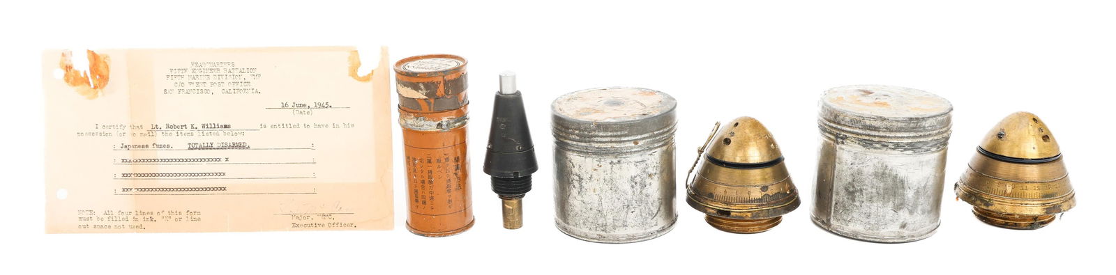 WWII US VET SEND BACK JAPANESE ARTILLERY FUZES: WWII US VET SEND BACK JAPANESE ARTILLERY FUZES WWII US Marine Corps Veteran Send Back Japanese Artillery Fuzes. Includes original bring back certificate named to Lt. Robert Knoll Williams, 5th Enginee