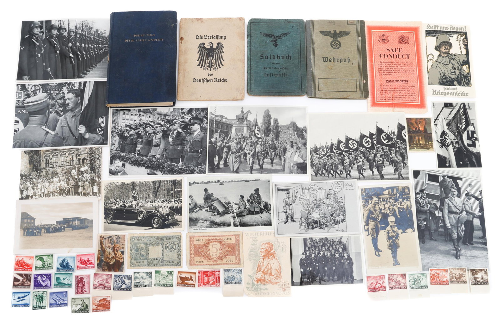 WWII GERMAN SOLDBUCH, WEHRPAS, POSTCARDS & STAMPS: WWII GERMAN SOLDBUCH, WEHRPAS, POSTCARDS & STAMPS WWII German Soldbuch, Wehrpas, Postcards and Postage Stamps. (1) Soldbuch. (1) Wehrpas. (1) "Der Mythus des 20. Jahrhunderts" Book. (1) Weimar Constit