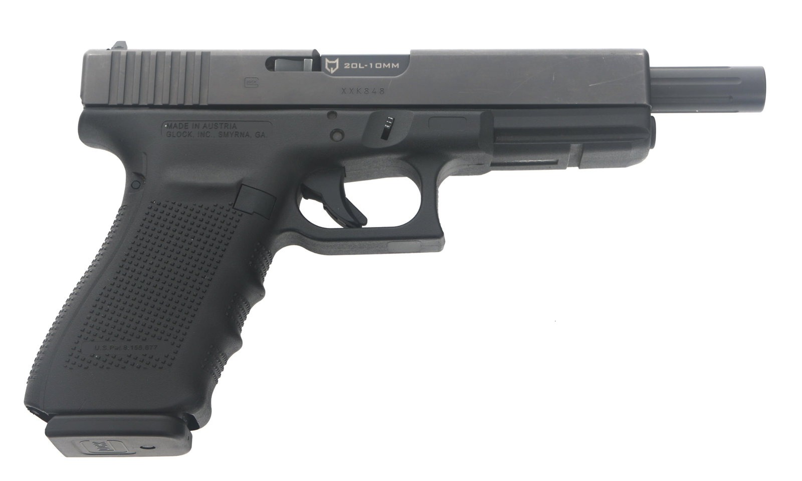 GLOCK MODEL 20 GEN 4 10mm CALIBER SEMI AUTO PISTOL: GLOCK MODEL 20 GEN 4 10mm CALIBER SEMI AUTO PISTOL Glock Model 20 Gen 4 10mm caliber semi automatic pistol. 6" Lone Wolf Alphawolf fluted barrel. Glock sights. Four back straps. Cleaning tools. Origin