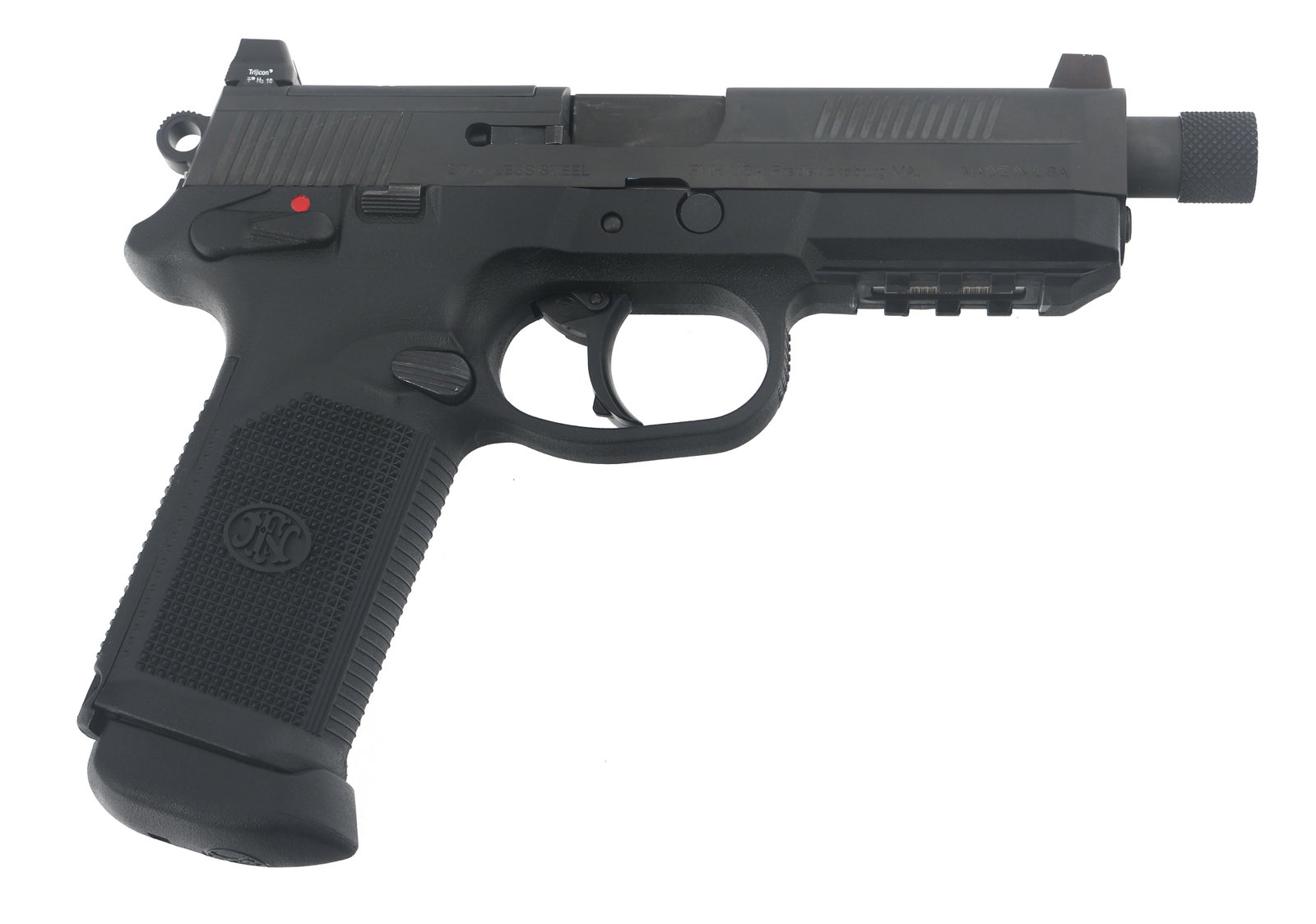 FN MODEL FNP45 .45 ACP CALIBER PISTOL: FN MODEL FNP45 .45 ACP CALIBER PISTOL FN model FNP45 .45 ACP caliber semi automatic pistol. Matte black finish. Night sights. Opti cut slide. Threaded barrel. Four back straps. Polymer frame with text