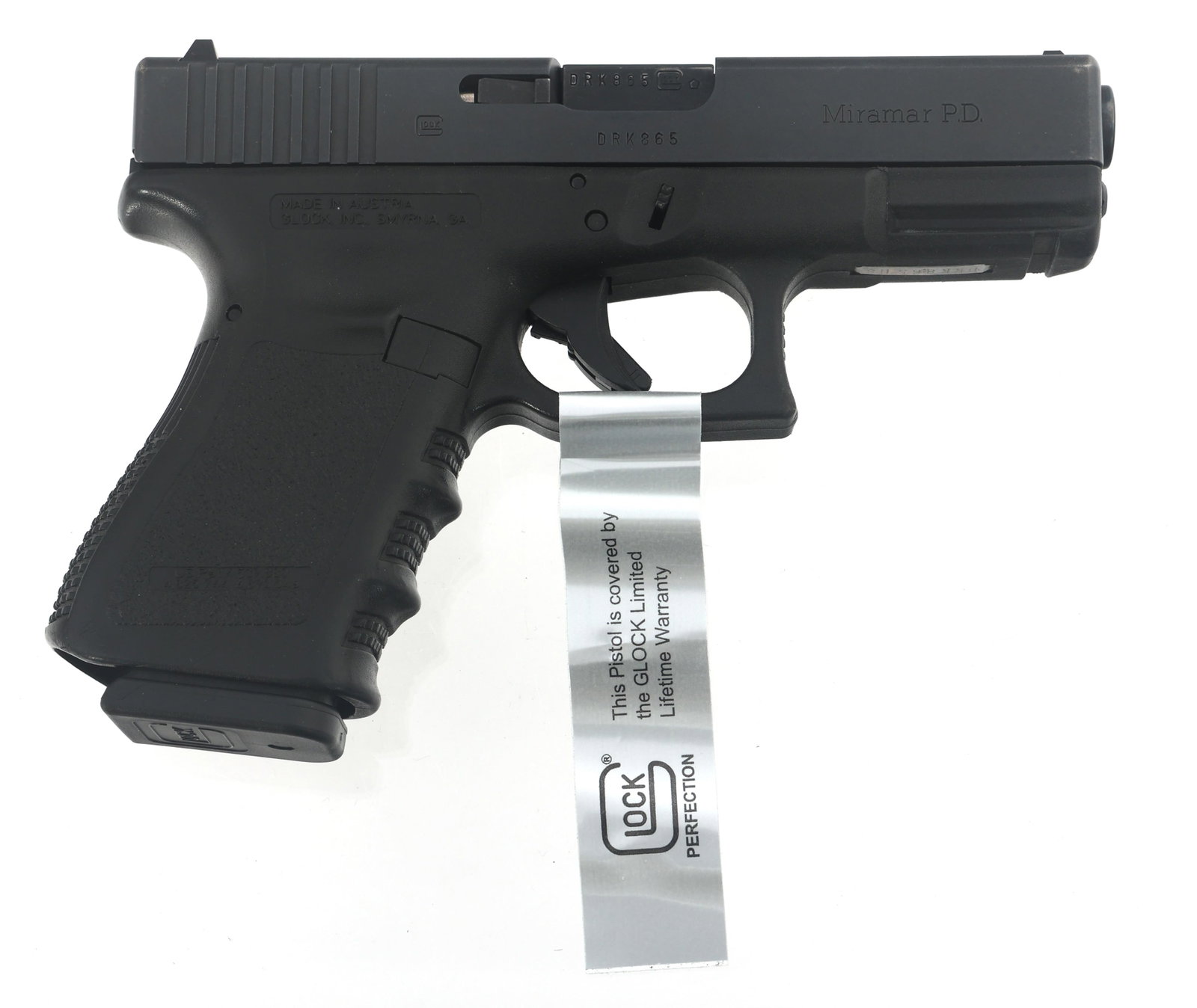 GLOCK MODEL 23 .40 S&W CALIBER SEMI AUTO PISTOL: GLOCK MODEL 23 .40 S&W CALIBER SEMI AUTO PISTOL Glock Model 23 .40 S&W caliber semi automatic pistol. Glock Factory Reconditioned. Slide stamped Miramar PD. Matte black finish. Polymer frame with text