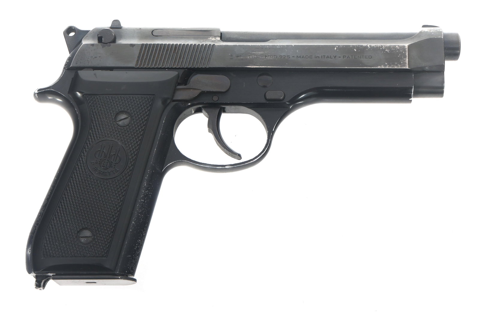 BERETTA MODEL 92S 9mm CALIBER PISTOL: BERETTA MODEL 92S 9mm CALIBER PISTOL Beretta Model 92s 9x19mm caliber semi automatic pistol. Fixed sights. Checkered composite Beretta grips. One magazine. Caliber / Gauge: 9x19mm Barrel Length: 5" Se