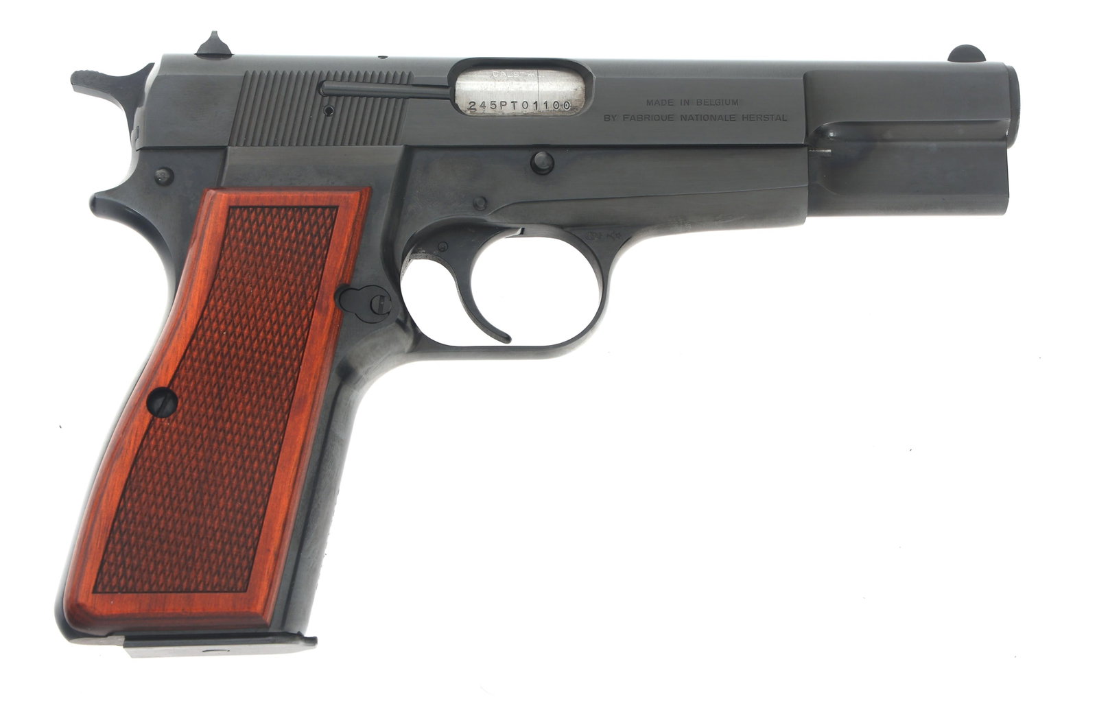 FN MODEL HI POWER 9X19mm CALIBER SEMI AUTO PISTOL: FN MODEL HI POWER 9X19mm CALIBER SEMI AUTO PISTOL FN Browning Model Hi Power 9x19mm caliber semi automatic pistol. Slide stamped made in Belgium. Checkered wood grips. One magazine. Caliber / Gauge: 9