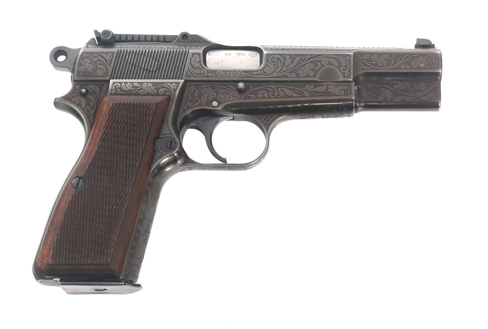 ENGRAVED FN MODEL HI POWER 9mm CALIBER PISTOL: ENGRAVED FN MODEL HI POWER 9mm CALIBER PISTOL Fully Engraved FN Model Hi Power 9x19mm caliber semi automatic pistol. Acanthus leaf scrollwork engraving throughout. AC under crown stamped on left side