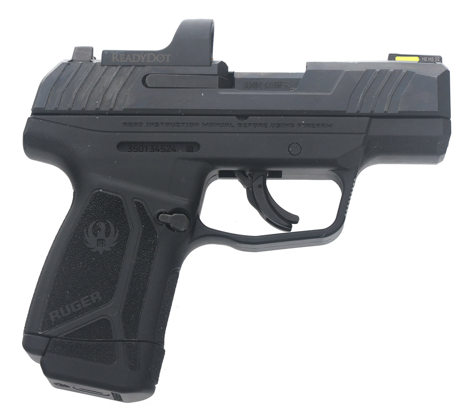 RUGER MODEL MAX-9 9mm CALIBER SEMI AUTO PISTOL: RUGER MODEL MAX-9 9mm CALIBER SEMI AUTO PISTOL Ruger Model Max-9 9x19mm caliber semi automatic pistol. Matte black finish. Green fiber optic front sight. Ruger Ready Dot reflex sight. Polymer frame wi