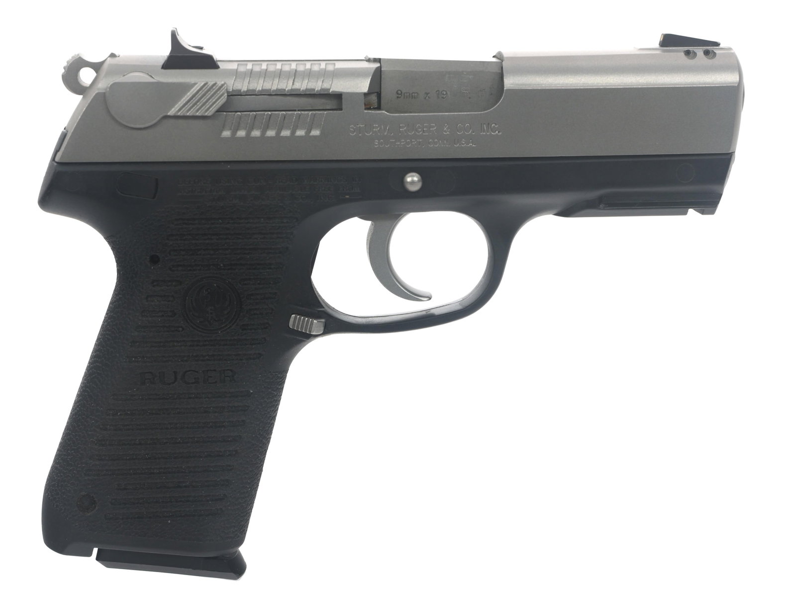 RUGER MODEL P-95 9mm CALIBER SEMI AUTO PISTOL: RUGER MODEL P-95 9mm CALIBER SEMI AUTO PISTOL Ruger Model P-95 9x19mm caliber semi automatic pistol. Matte stainless steel finish. Fixed sights. Polymer frame with textured grips and accessory rail. O