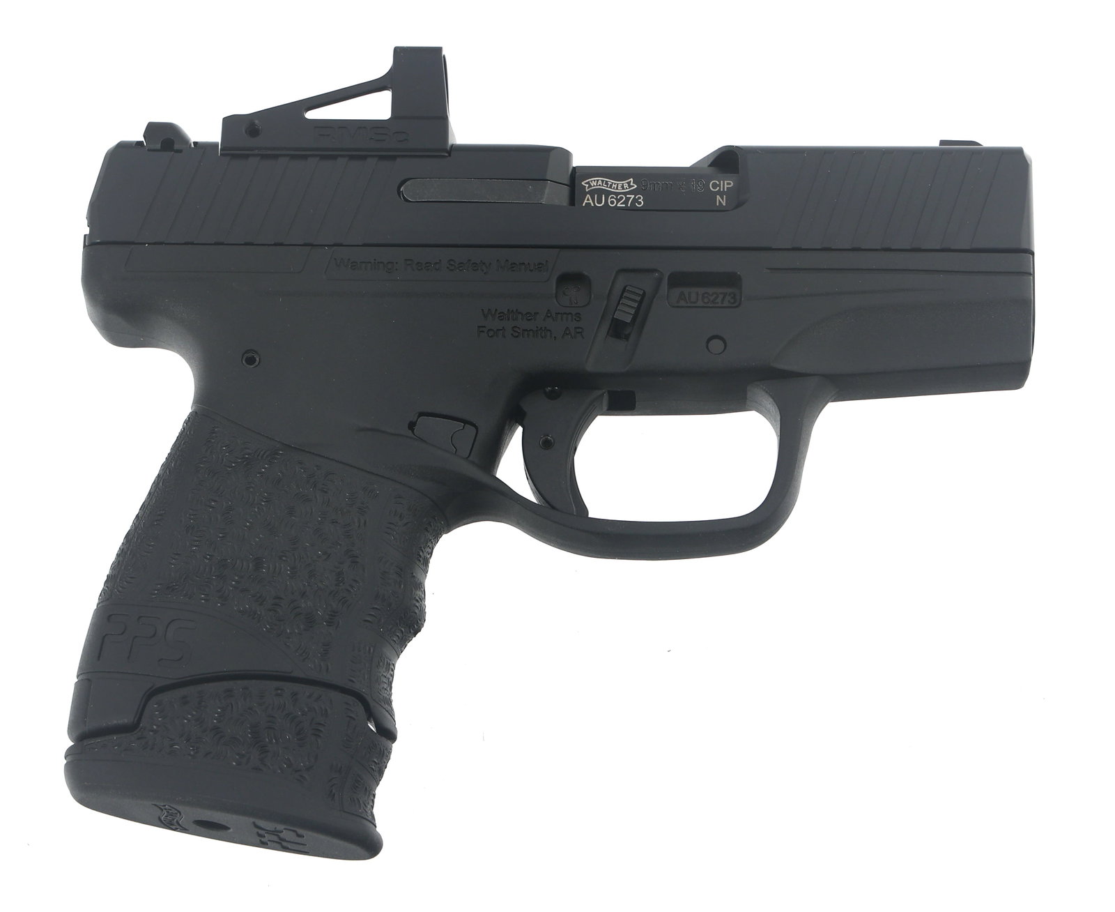 WALTHER MODEL PPS 9mm CALIBER SEMI AUTO PISTOL: WALTHER MODEL PPS 9mm CALIBER SEMI AUTO PISTOL Walther Model PPS 9mm caliber semi automatic pistol. Import stamped Walther. Matte black finish. Polymer frame with textured grips. Fixed sights. Shield 