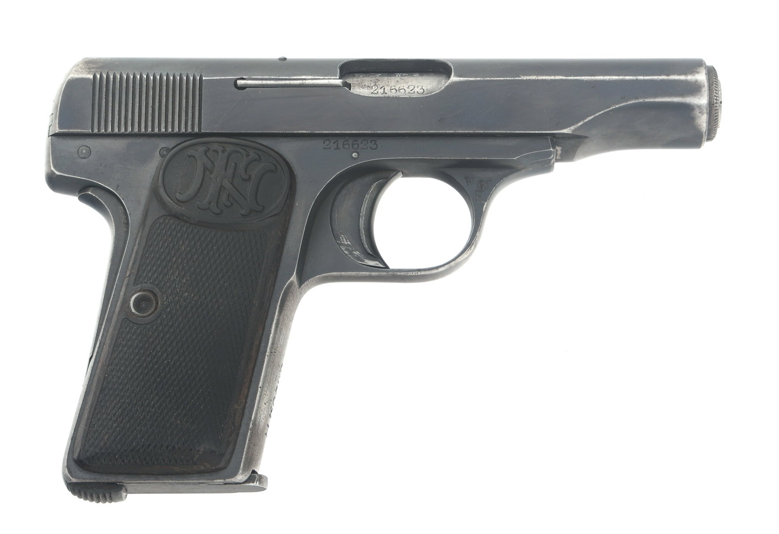 FN MODEL 1910 7.65mm CALIBER SEMI AUTO PISTOL: FN MODEL 1910 7.65mm CALIBER SEMI AUTO PISTOL FN Browning Model 1910 7.65mm caliber semi automatic pistol. H. Knaup stamped on front of grip frame. Serial numbers match on frame and barrel. Blued fini