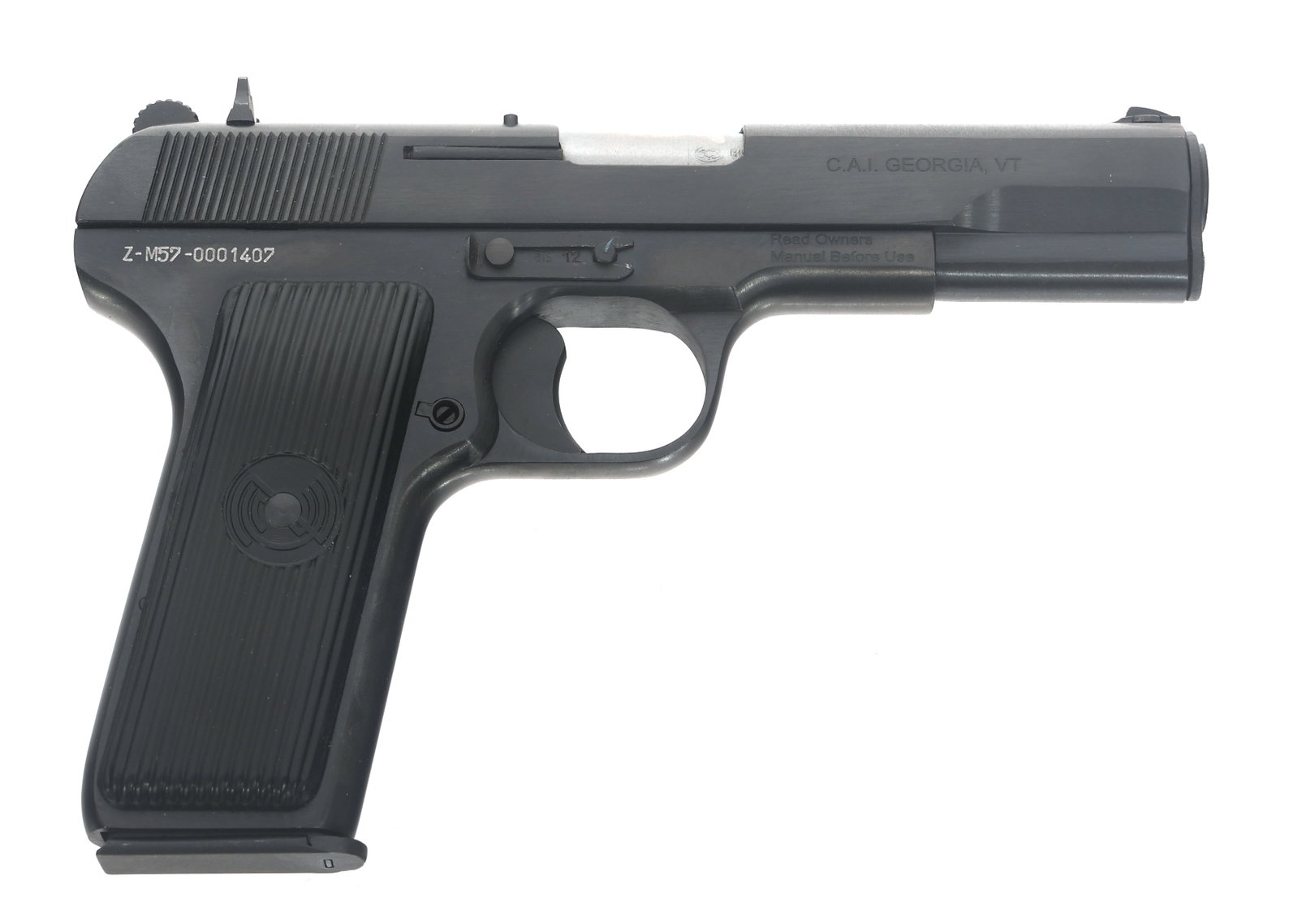 ZASTAVA MODEL M57A 7.62mm CALIBER SEMI AUTO PISTOL: ZASTAVA MODEL M57A 7.62mm CALIBER SEMI AUTO PISTOL Zastava Model M57A 7.62x25mm caliber semi automatic pistol. Import stamped CAI. Blued finish. Fixed sights. Cleaning rods. Owners manual. Slotted com