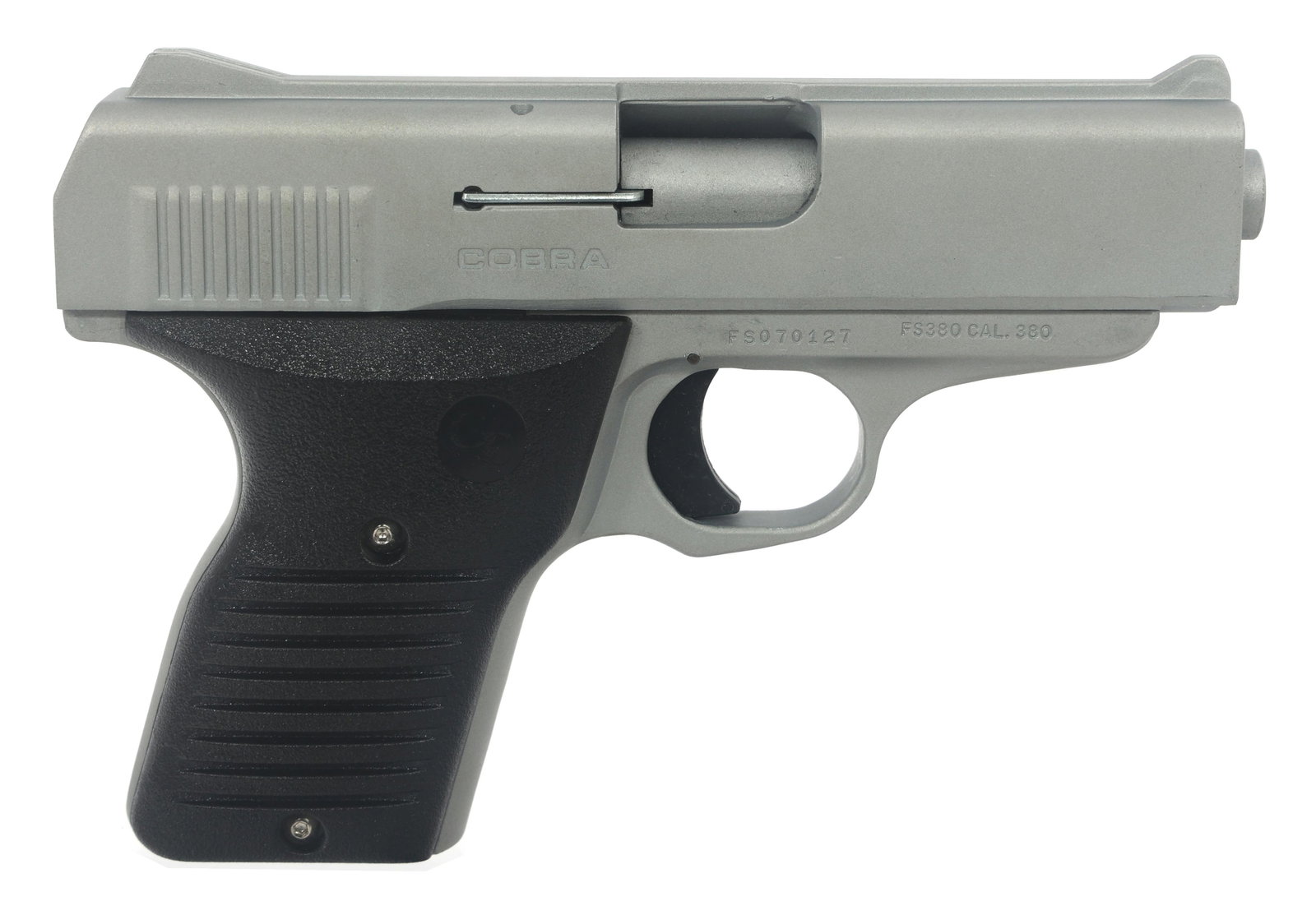 COBRA MODEL FS380 .380 CALIBER SEMI AUTO PISTOL: COBRA MODEL FS380 .380 CALIBER SEMI AUTO PISTOL Cobra Model FS380 .380 caliber semi-automatic pistol. Satin nickel finish. Fixed sights. Composite grips. Owners manual. No magazine. Cardboard Cobra bo