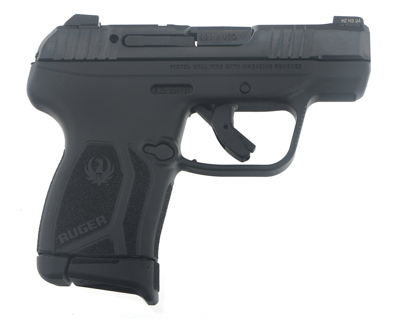 RUGER MODEL LCP MAX 75TH ANNIVERSARY PISTOL: RUGER MODEL LCP MAX 75TH ANNIVERSARY PISTOL Ruger Model LCP Max .380 ACP caliber semi automatic pistol. 75th anniversary 1949-2024 stamped on slide. Matte black finish. Polymer frame with textured gri