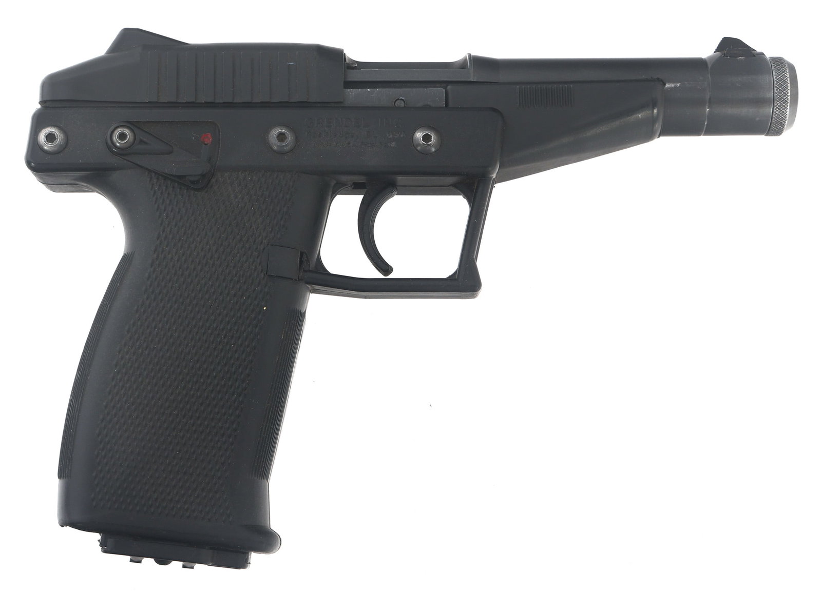 GRENDEL MODEL P-30 22 MAG CALIBER PISTOL: GRENDEL MODEL P-30 22 MAG CALIBER PISTOL Grendel Model P-30 .22 magnum caliber semi automatic pistol. Matte black finish. Fixed sights. Polymer frame with integrated checkered grips. Three magazines. 