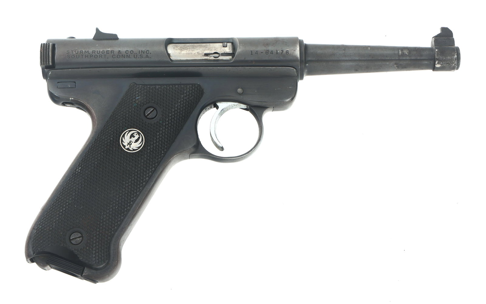 RUGER STANDARD MODEL .22 CALIBER TARGET PISTOL: RUGER STANDARD MODEL .22 CALIBER TARGET PISTOL 1977 Ruger Standard Model .22 LR caliber semi automatic target pistol. Composite Ruger grips. Two magazines. Caliber / Gauge: 22 LR Barrel Length: 4.75" 