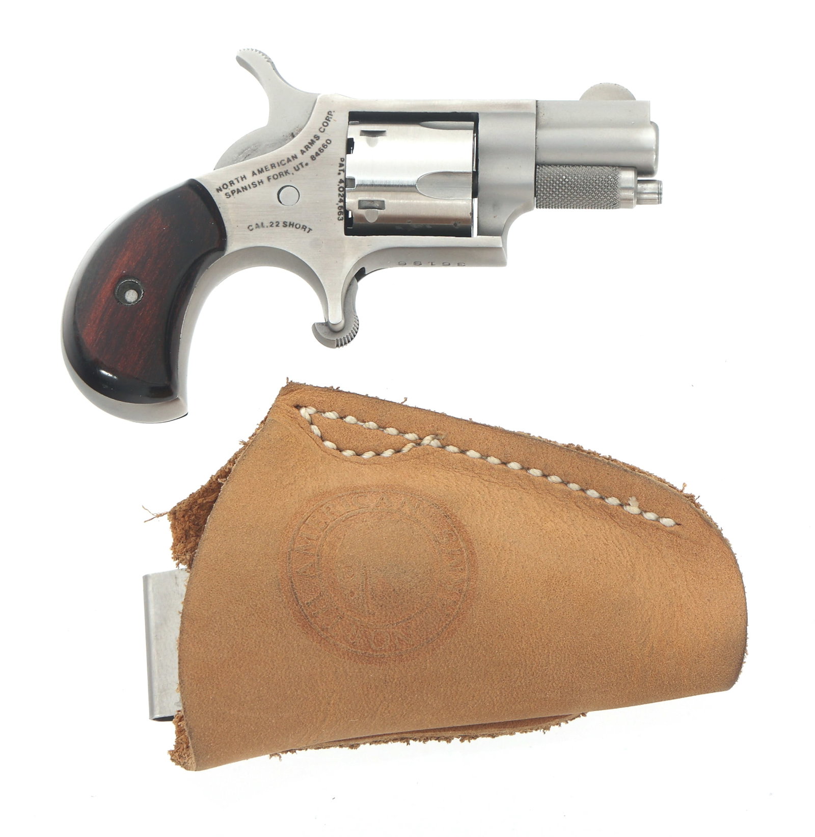 NORTH AMERICAN ARMS 22 SHORT SPUR TRIGGER REVOLVER: NORTH AMERICAN ARMS 22 SHORT SPUR TRIGGER REVOLVER North American Arms NAA-22S .22 Short caliber revolver. Stainless steel finish. Blade front sight. Wood grips. Five shot fluted cylinder. Leather Nor