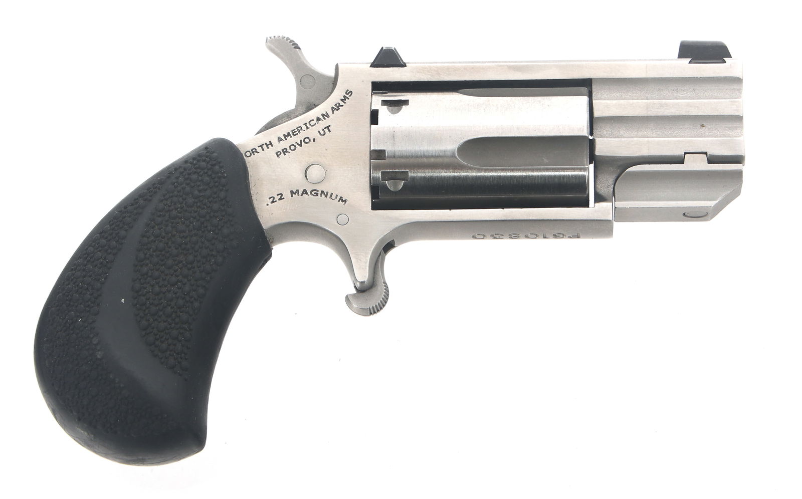 NORTH AMERICAN ARMS PUG .22 MAG CALIBER DERRINGER: NORTH AMERICAN ARMS PUG .22 MAG CALIBER DERRINGER North American Arms Model NAA-PUG .22 Magnum caliber Derringer. Stainless steel finish. Textured rubber grips. Five shot fluted cylinder. Gun lock. Ow