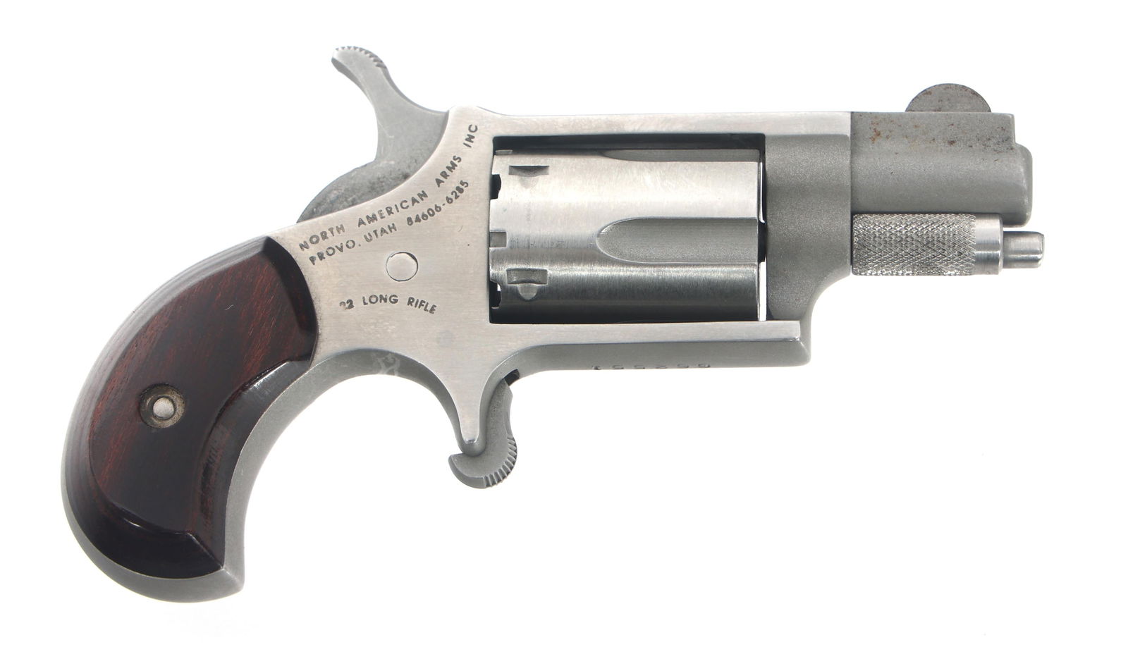 NORTH AMERICAN ARMS NAA-22-LR .22 LR CAL REVOLVER: NORTH AMERICAN ARMS NAA-22-LR .22 LR CAL REVOLVER North American Arms Model NAA-22-LR .22 LR caliber single action spur trigger revolver. Stainless steel finish. Hardwood grips. North American Arms so