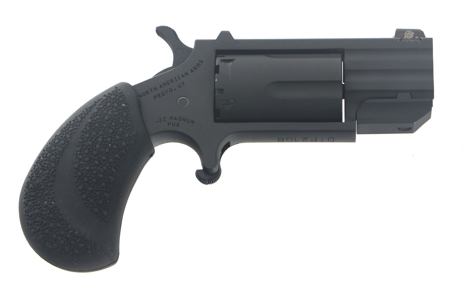 NORTH AMERICAN ARMS MODEL PUG 22 CAL REVOLVER: NORTH AMERICAN ARMS MODEL PUG 22 CAL REVOLVER North American Arms Model Pug .22 caliber revolver. Black Cerakote finish. Fixed sights. 22 LR and 22 Magnum cylinders. Rubber grips. Lock box. Original c