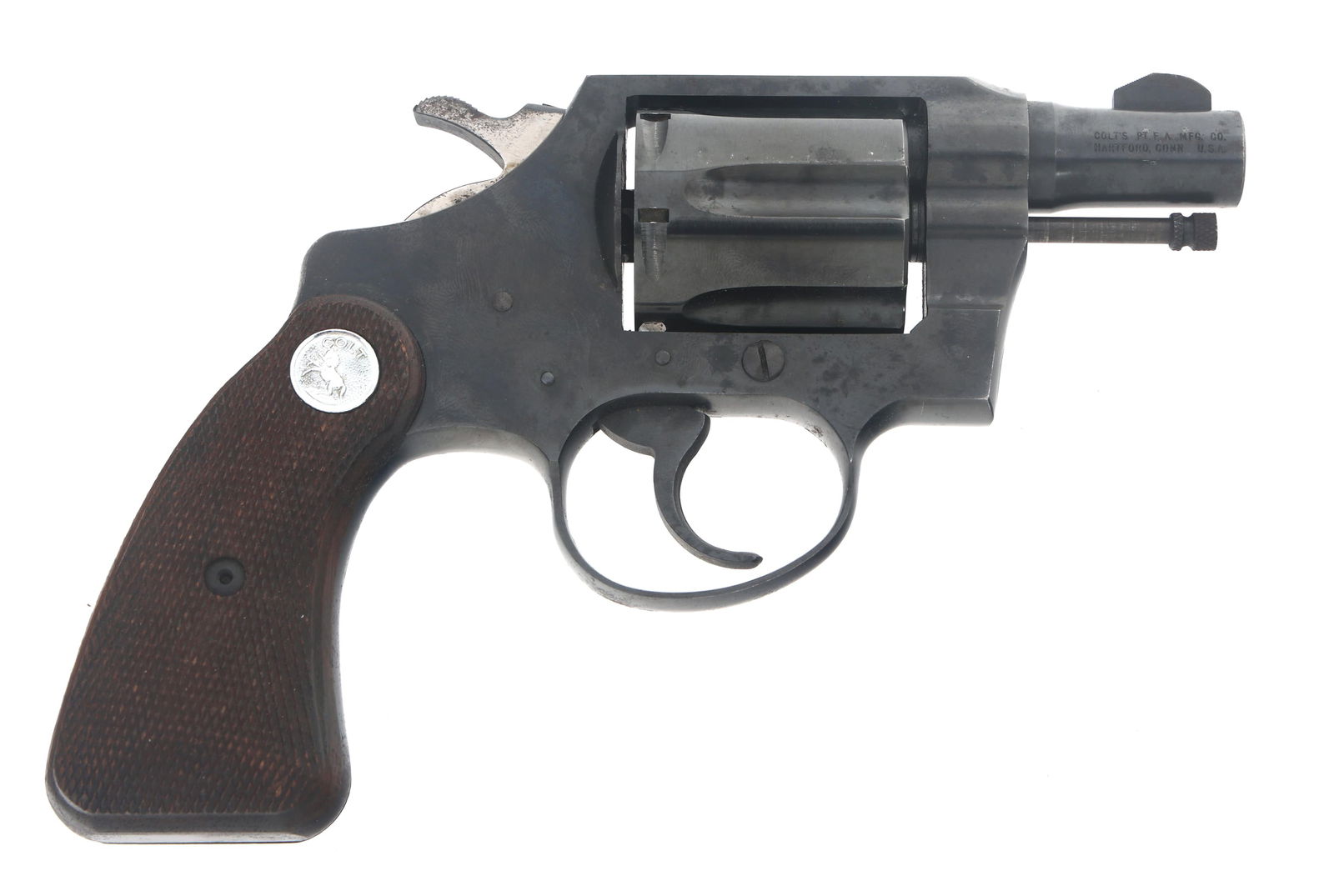 COLT MODEL DETECTIVE SPECIAL .38 SPL CAL REVOLVER: COLT MODEL DETECTIVE SPECIAL .38 SPL CAL REVOLVER 1964 Colt Detective Special .38 SPL caliber double action revolver. Blued finish. Fixed sights. Checkered wood grips with Colt medallion. Six shot flu