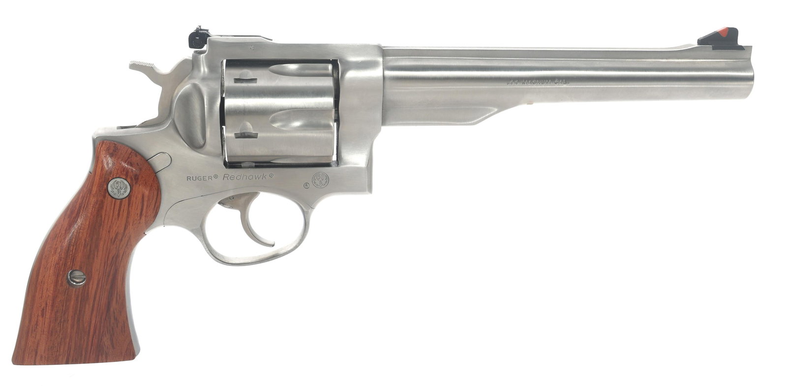 RUGER MODEL REDHAWK .44 MAG CALIBER DA REVOLVER: RUGER MODEL REDHAWK .44 MAG CALIBER DA REVOLVER Ruger Model Redhawk .44 Magnum caliber double action revolver. Stainless steel finish. Full rib barrel. Ramp front sight with plastic red insert. Adjust