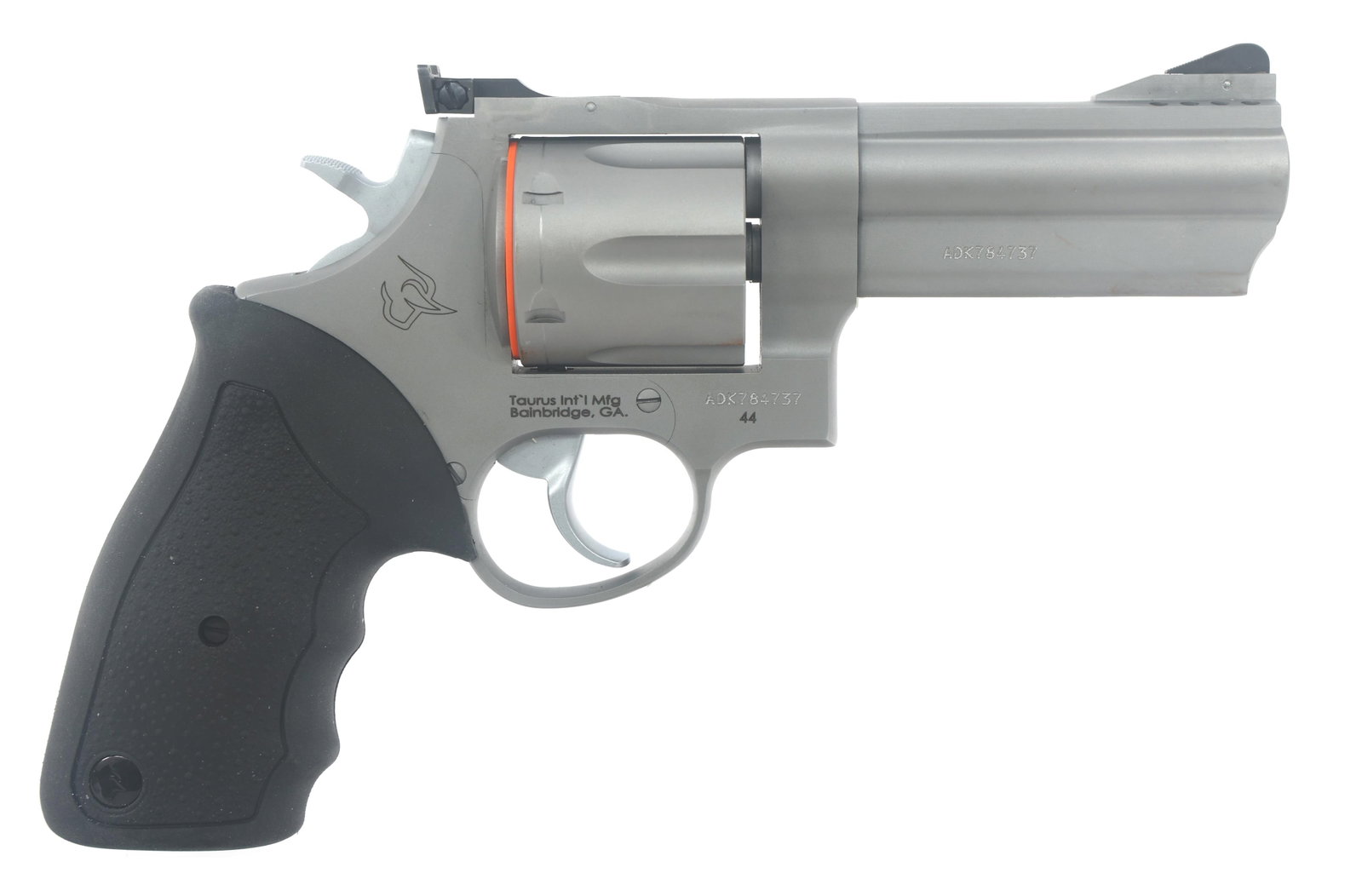TAURUS MODEL 44 .44 MAGNUM CALIBER DA REVOLVER: TAURUS MODEL 44 .44 MAGNUM CALIBER DA REVOLVER Taurus Model 44 .44 Magnum caliber double action revolver. Import stamped Taurus. Matte stainless finish. Blade front sight. Adjustable rear sight with r