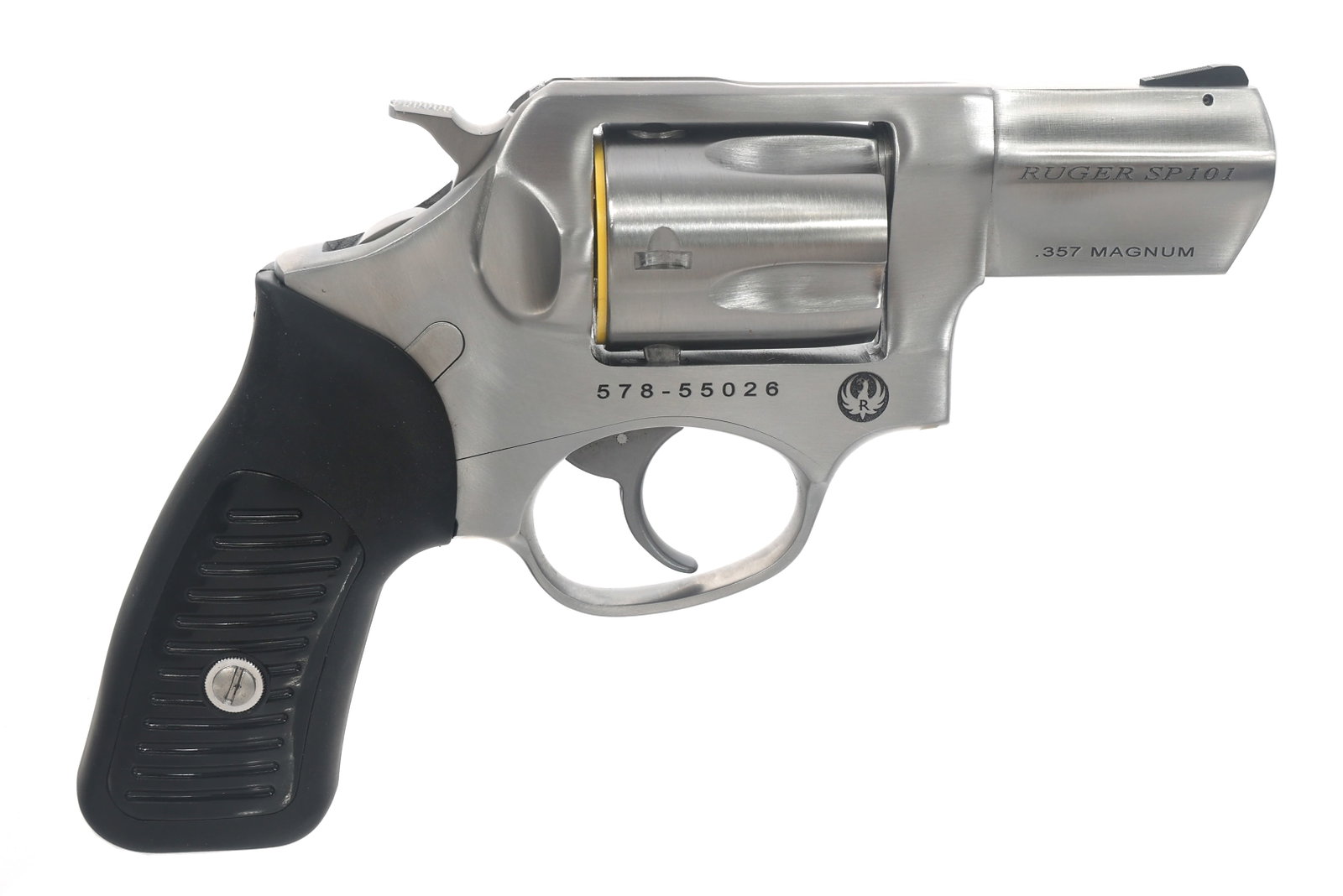 RUGER MODEL SP101 .357 MAGNUM CALIBER REVOLVER: RUGER MODEL SP101 .357 MAGNUM CALIBER REVOLVER Ruger Model SP101 .357 Magnum caliber revolver. Stainless finish. Fixed sights. Five shot fluted cylinder. Composite grips. Original hard case with manua