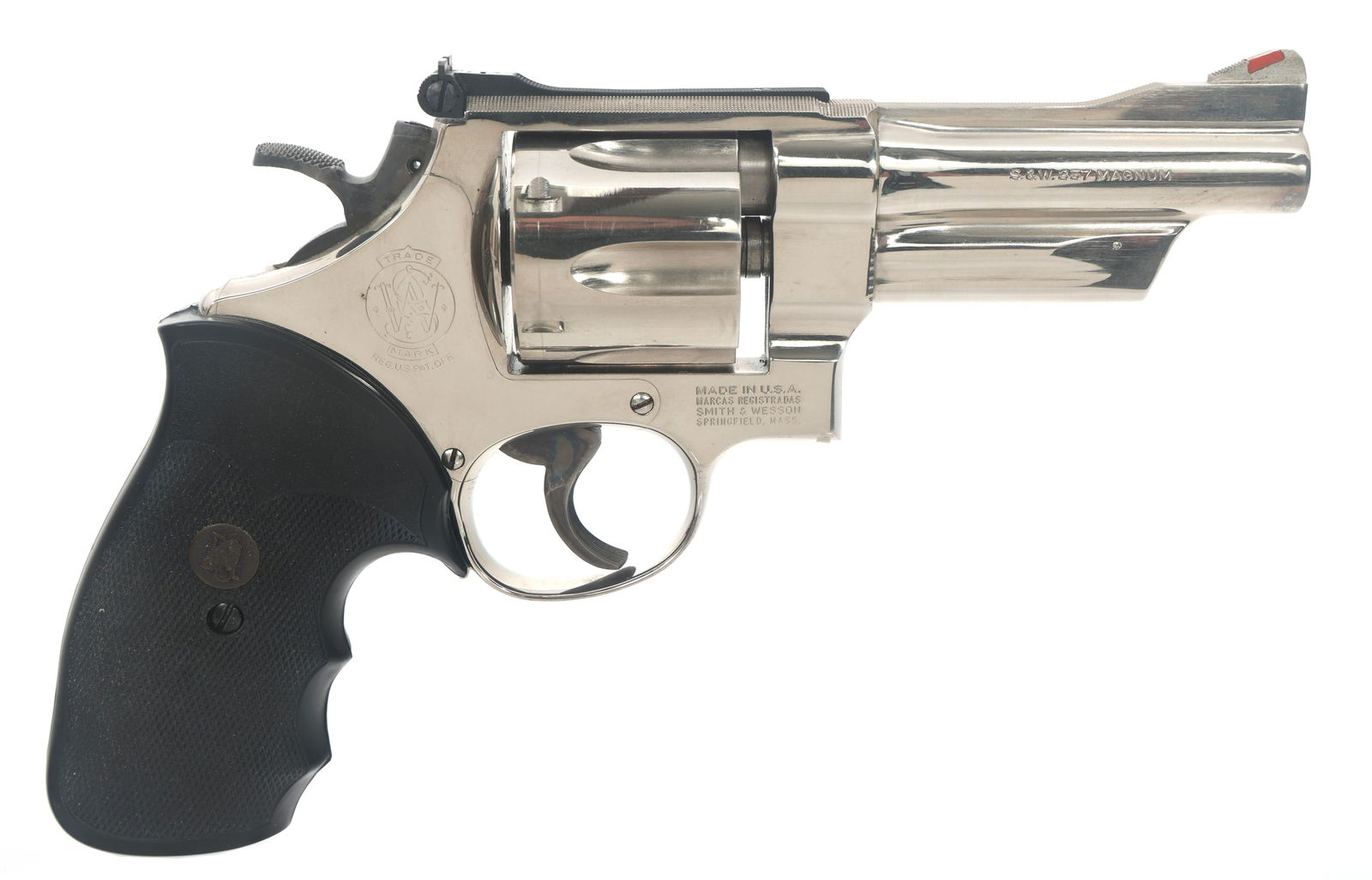 S&W MODEL 27-3 .357 MAG CALIBER REVOLVER: S&W MODEL 27-3 .357 MAG CALIBER REVOLVER Smith & Wesson Model 27-3 .357 Magnum caliber double action revolver. Stainless steel finish. Ramp front sight with Red insert. Adjustable rear sight. Checkere