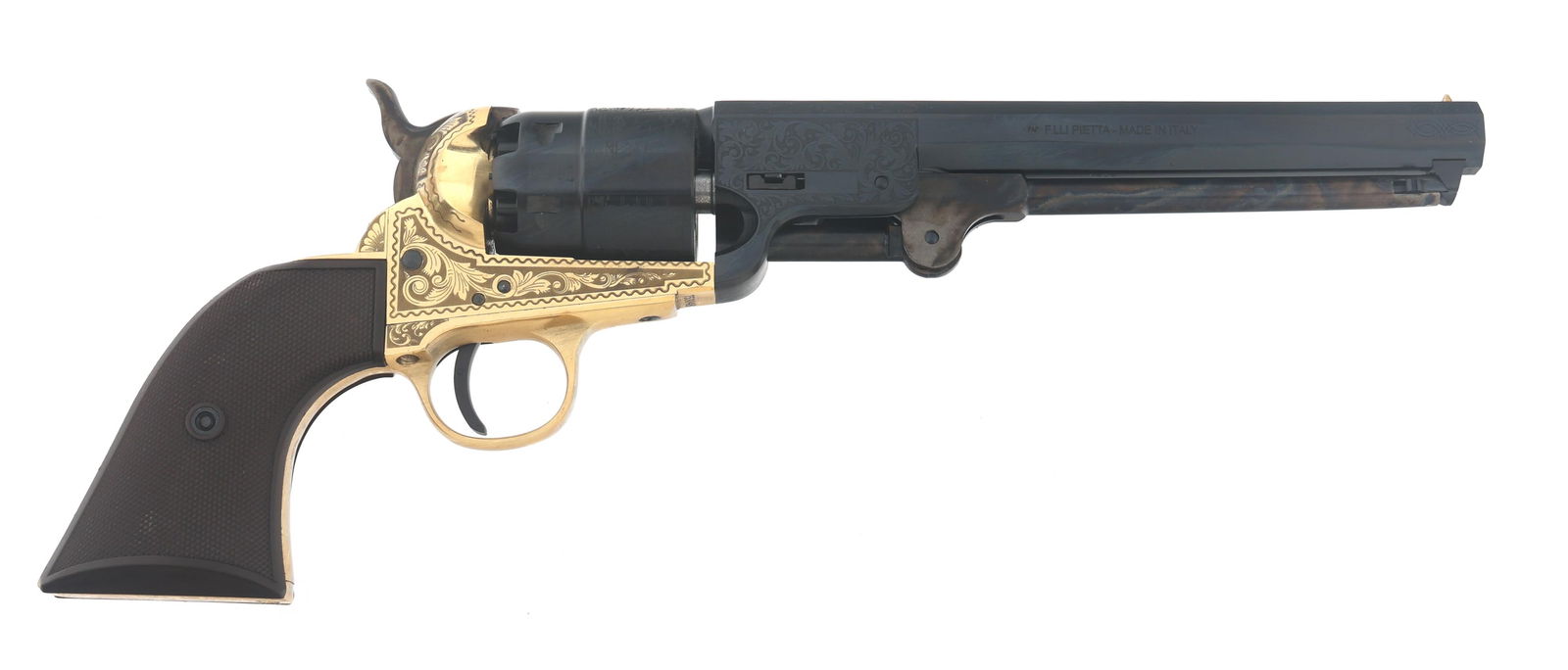 PIETTA MODEL 1851 .44 CALIBER PERCUSSION REVOLVER: PIETTA MODEL 1851 .44 CALIBER PERCUSSION REVOLVER Pietta Model 1851 .44 caliber single action percussion revolver. Import stamped EMF. Engraved barrel, receiver and cylinder. Blued finish on barrel an