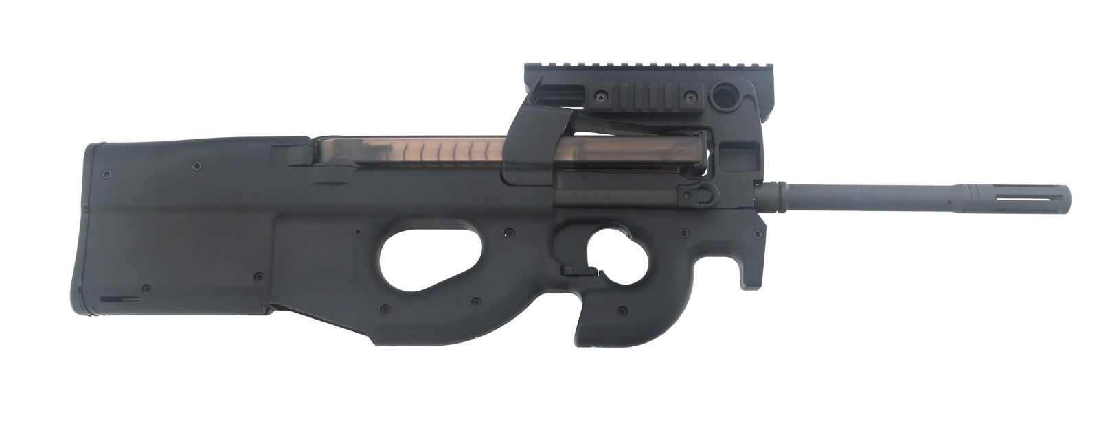 FN MODEL PS90 5.7x28mm CALIBER SEMI AUTO RIFLE: FN MODEL PS90 5.7x28mm CALIBER SEMI AUTO RIFLE FN Model PS90 5.7x28mm caliber semi-automatic rifle. Polymer frame. Recoil pad. Two magazines. Manual. FN factory cardboard box. Caliber / Gauge: 5.7x28m