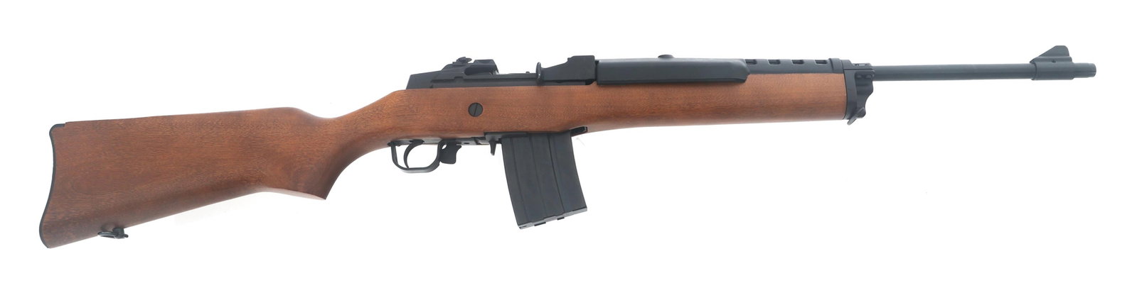 RUGER MODEL MINI-14 .223 CALIBER RANCH RIFLE: RUGER MODEL MINI-14 .223 CALIBER RANCH RIFLE Ruger Model Mini-14 .223 Rem caliber semi automatic Ranch rifle. Blued finish. Flip up adjustable rear sight. Sling mounts. Wood stock. One magazine. Calib